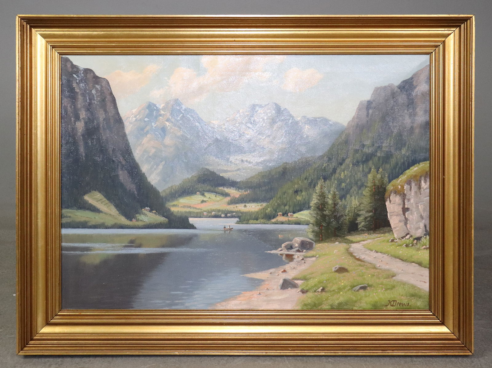 European Oil on Canvas - Mountain & Lake Scene (1 of 4)