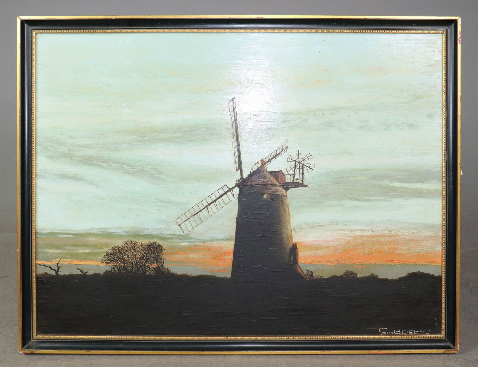 European Oil on Board - Windmill at Sunrise: European Oil on Board - Windmill at Sunrise - Artist Signed - 26 in tall x 34 x 1
