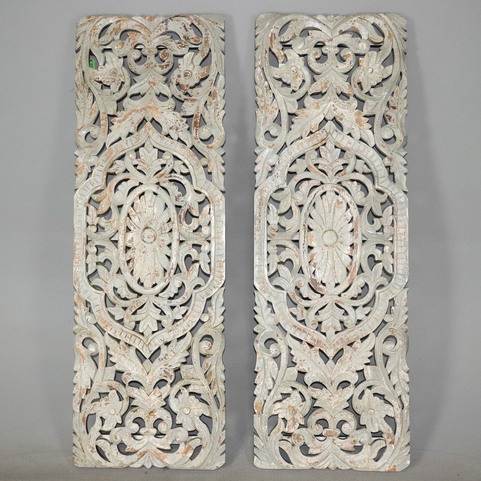 Two Painted Open Carved Italian Style Panels: Two Painted Open Carved Italian Style Panels - 59.5 in tall x 20 x 2.5