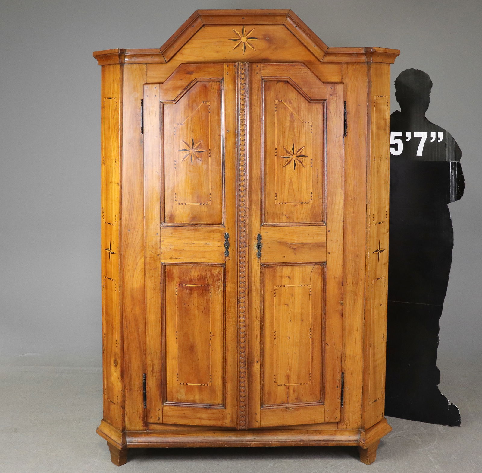 French Two Door Marquetry Inlaid Robe: French Style Two Door Marquetry Inlaid Robe - 74.5 in tall x 48.5 x 21