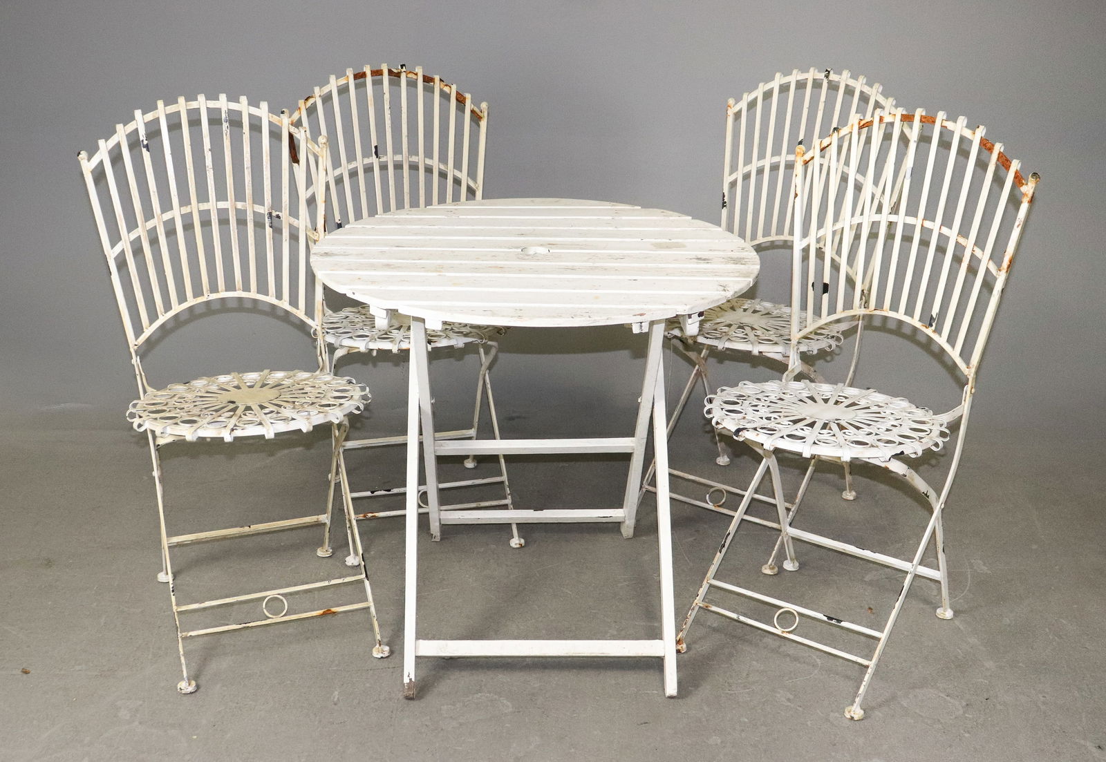 Round Wooden Bistro Table & 4 Metal Chairs: Round Wooden Bistro Table & 4 Metal Chairs - Charis 38 in tall x 17 x 20.5 seat height is 20 - table is 28.75 in tall x 31 x 31 when open