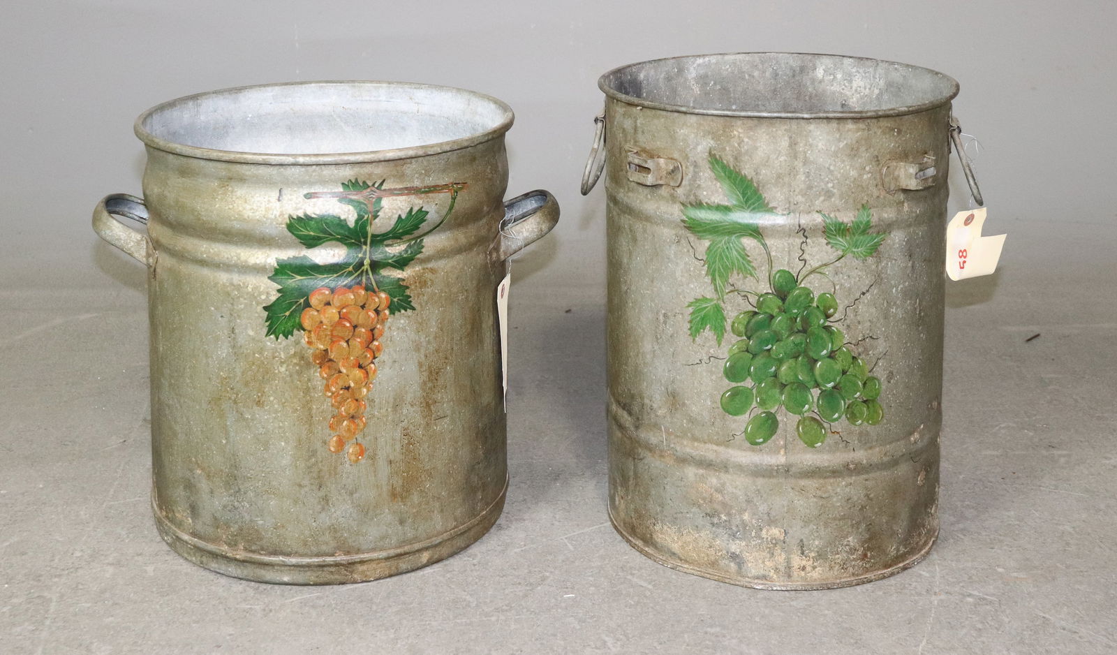 Two Metal Buket's with Painted Grapes: Two Metal Buket's with Painted Grapes - Largest is 17.25 in tall x 14.5 x 12.75