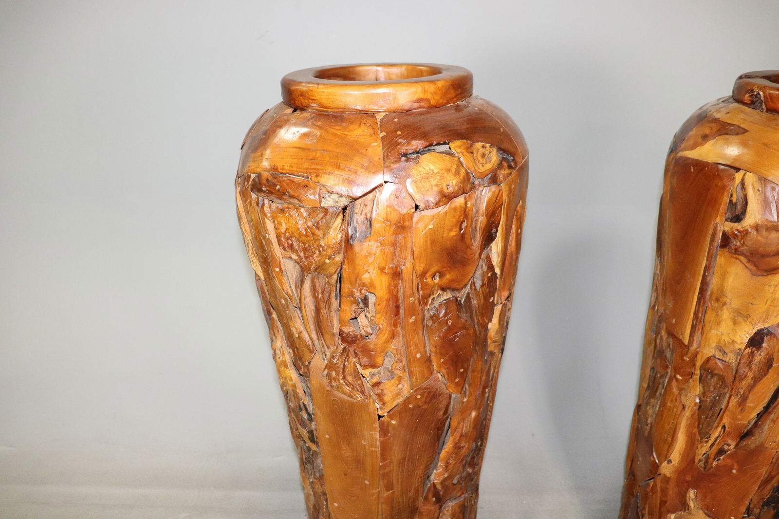 Two Tall Teak Root Vases / Planters - 5