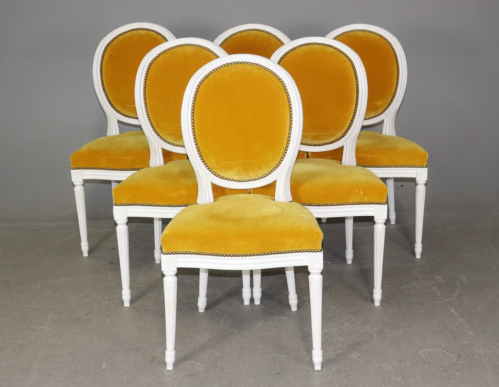 6 Painted French Dining Chairs - Yellow Upholstery: 6 Painted French Louis XVI Style Dining Chairs - Yellow Upholstery - 36 in tall x 20 x 19 seat height is 19