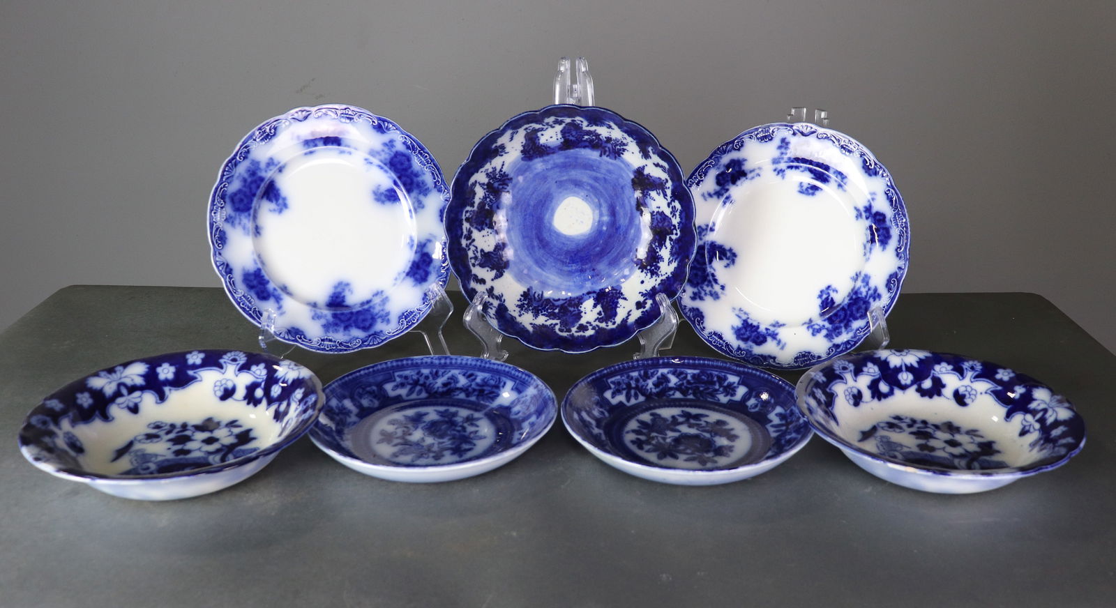 7 pc Collection of Flo Blue & White China: 7 pc Collection of Flo Blue & White China - perfect for a plate wall - largest is 3 in tall x 3.5 x 9.75