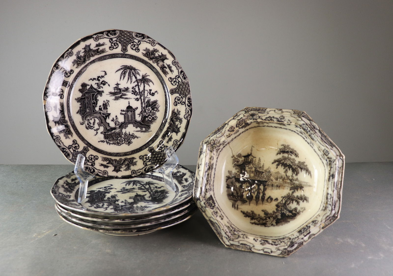 6 pc Collection of Black & White China - Ning-Po: 6 pc Collection of Black & White China - Ning-Po - perfect for a plate wall - Largest is 3.75 in tall x 9.5 x 9.5