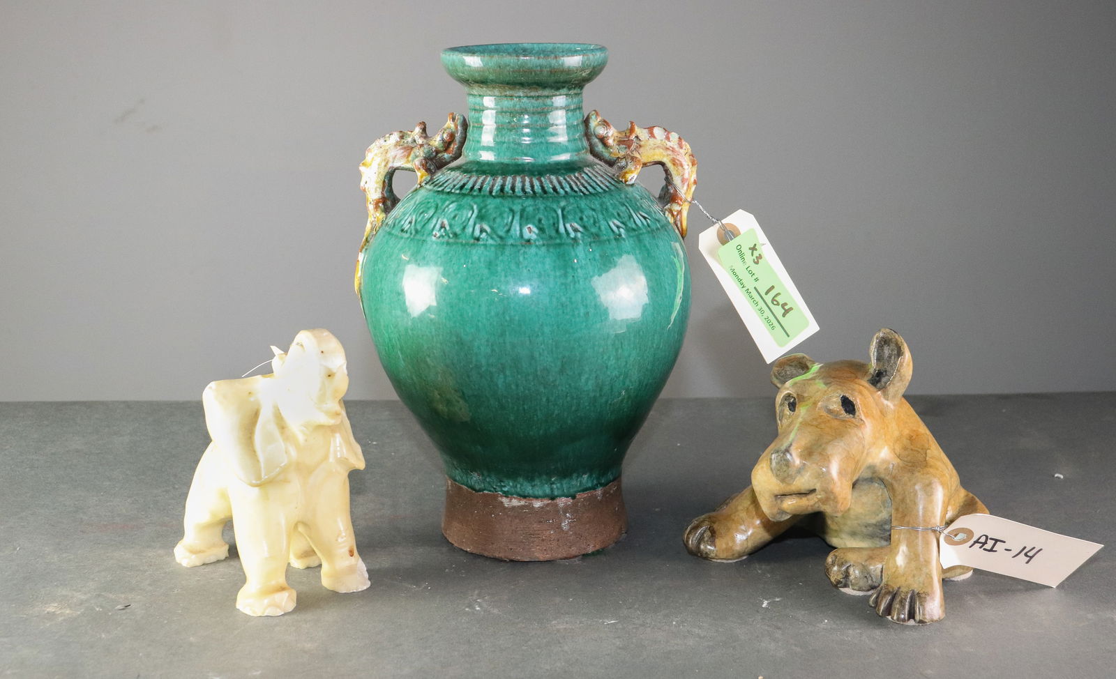 Green Pottery Vase & Two Figures: Green Pottery Vase & Two Figures - Green Vase is 10.75 in tall x 7.5 x 7