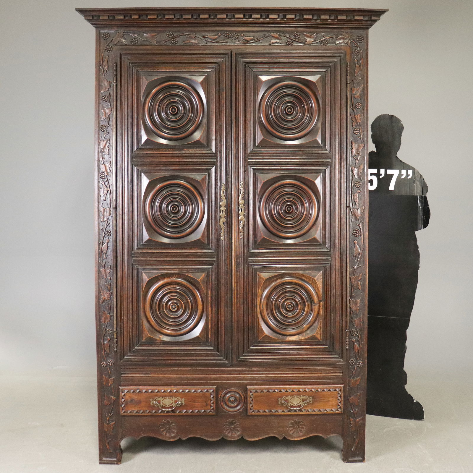French Basque Style Double Door Armoire: French Basque Style Oak Double Door Armoire - 84 in tall x 55.75 x 23