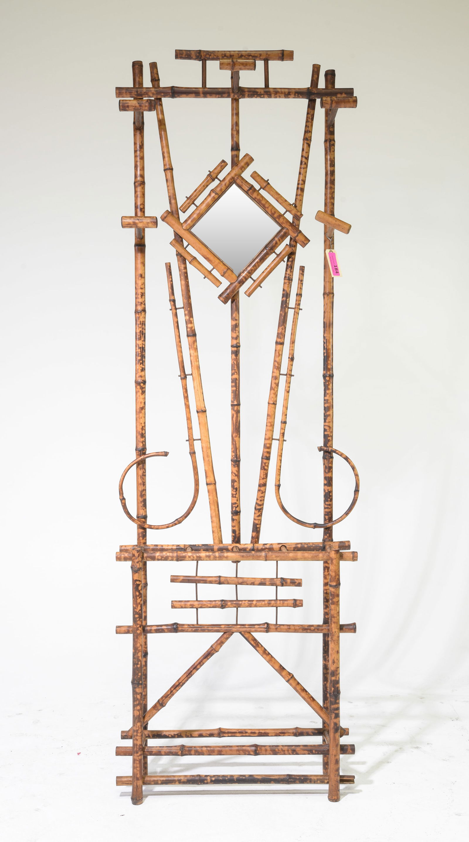 Bamboo Mirror Back Hall Stand with "Hooks": Bamboo Mirror Back Hall Stand with "Hooks" - 79 in tall x 25.5 x 8