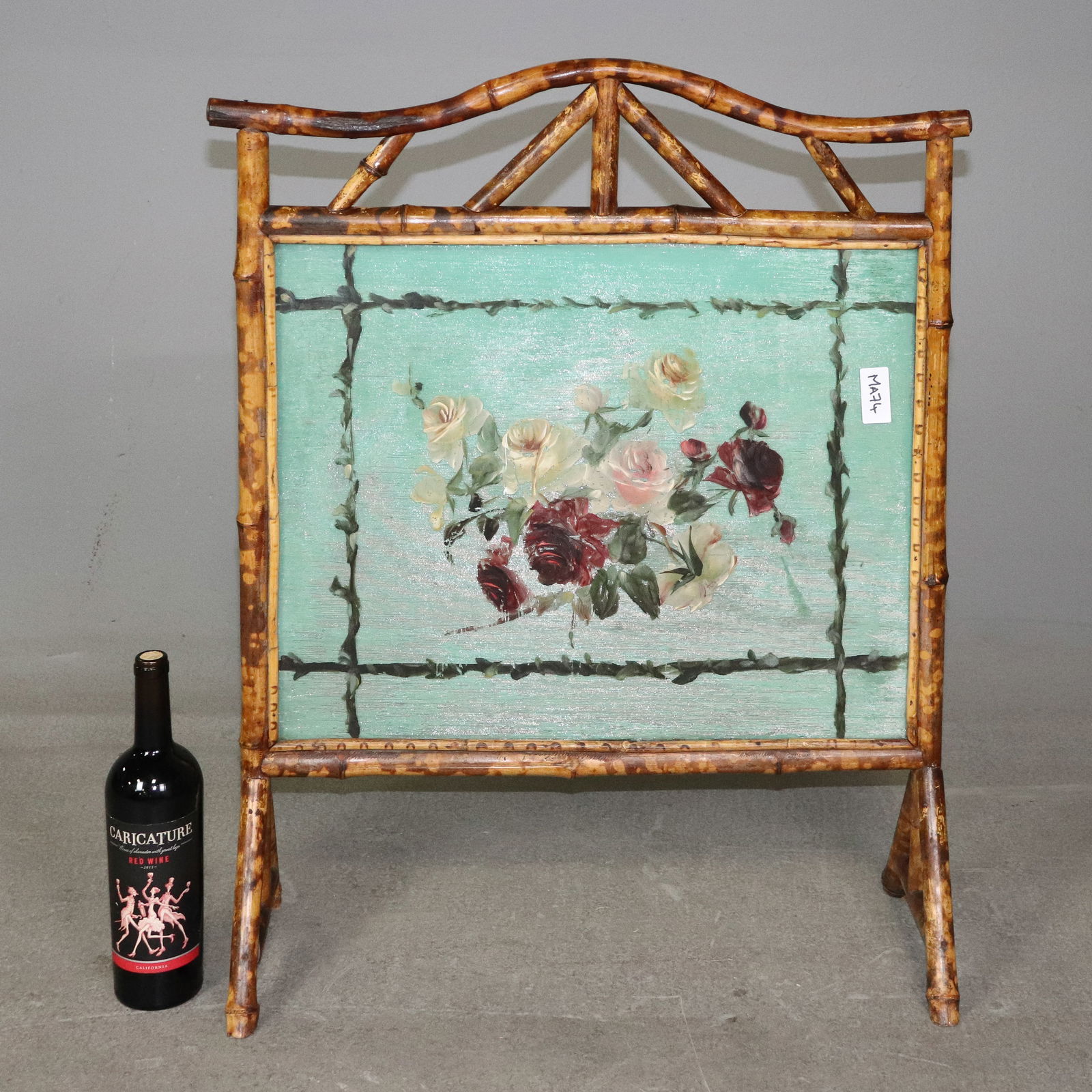 Bamboo Fire screen with floral painted Glass: Bamboo Fire screen with floral painted Glass - 32 in tall x 24 x 9