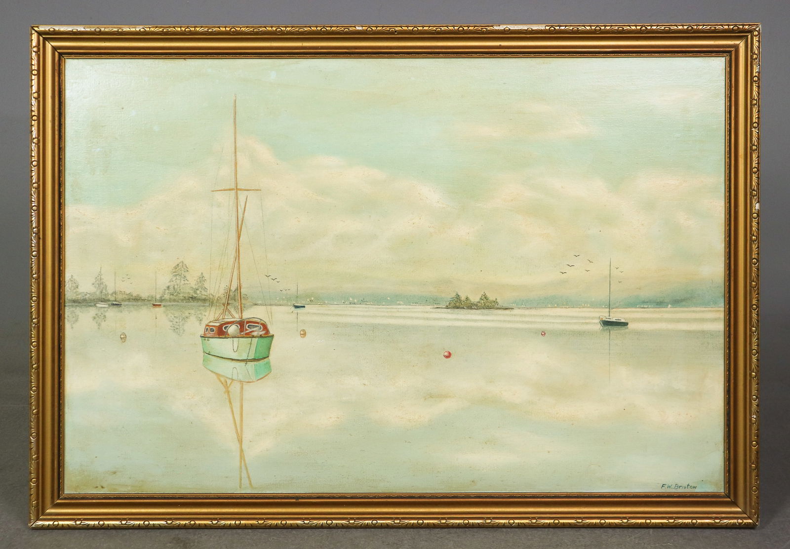 British Oil on Canvas - Sail Boat on Lake Windermere: British Oil on Canvas - Sail Boat on Lake Windermere - artist signed F. W. Bristow - 23 in x 33 x 2