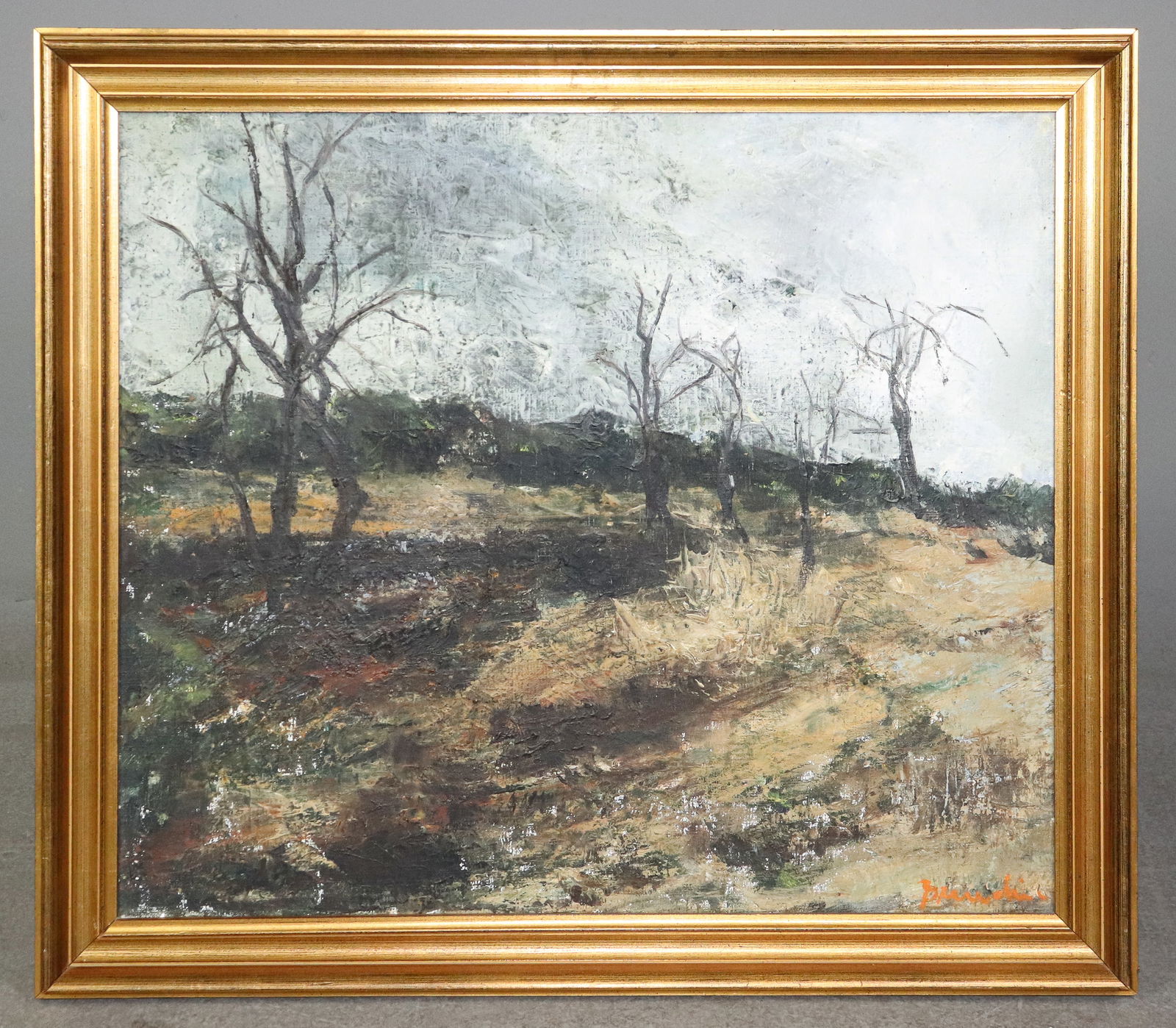 Swedish Oil on Canvas - Trees with a Grey Sky: Swedish Oil on Canvas - Trees with a Grey Sky - Artist signed - 24 in tall x 26 x 2