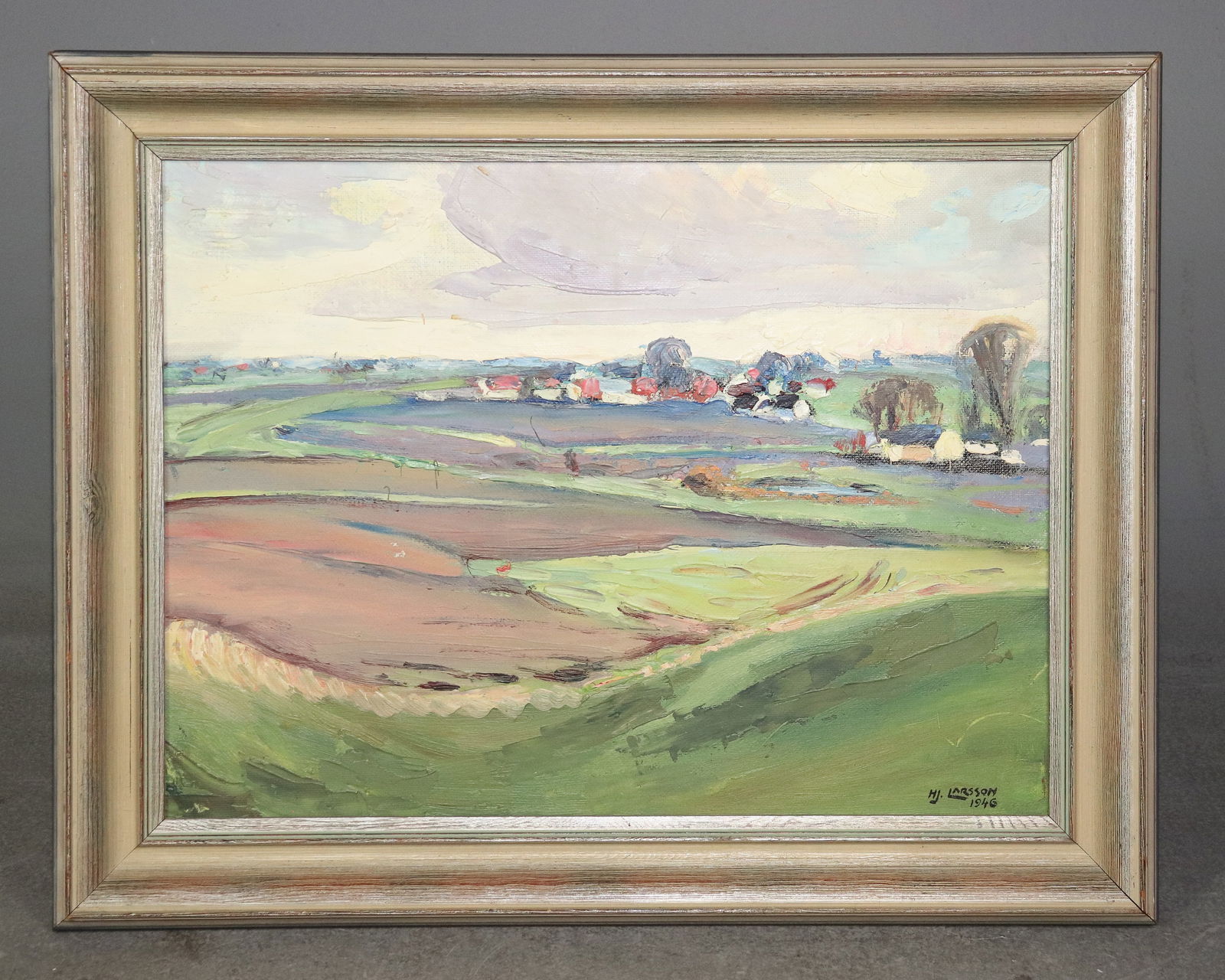 Oil on Board - Impressionist Rolling Countryside: Swedish Oil on Board - Impressionist Rolling Countryside - Dated 1946 - 23 in tall x 29 x 2