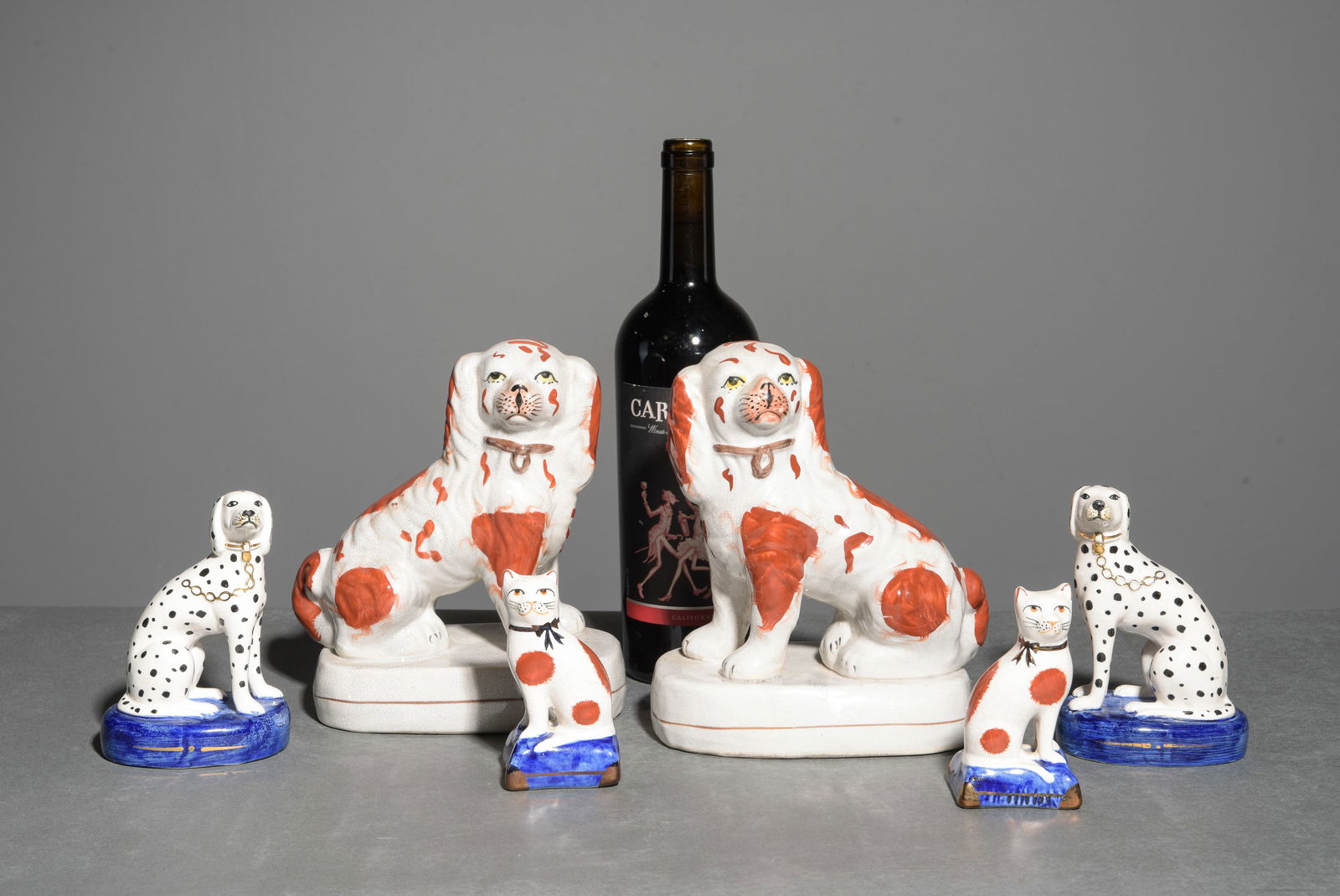 6pcs - Staffordshire Pairs of Dogs & Cats: 6pcs - Staffordshire Pairs of Dogs & Cats - Largest is 8.25 in tall x 6.75 x 4.25