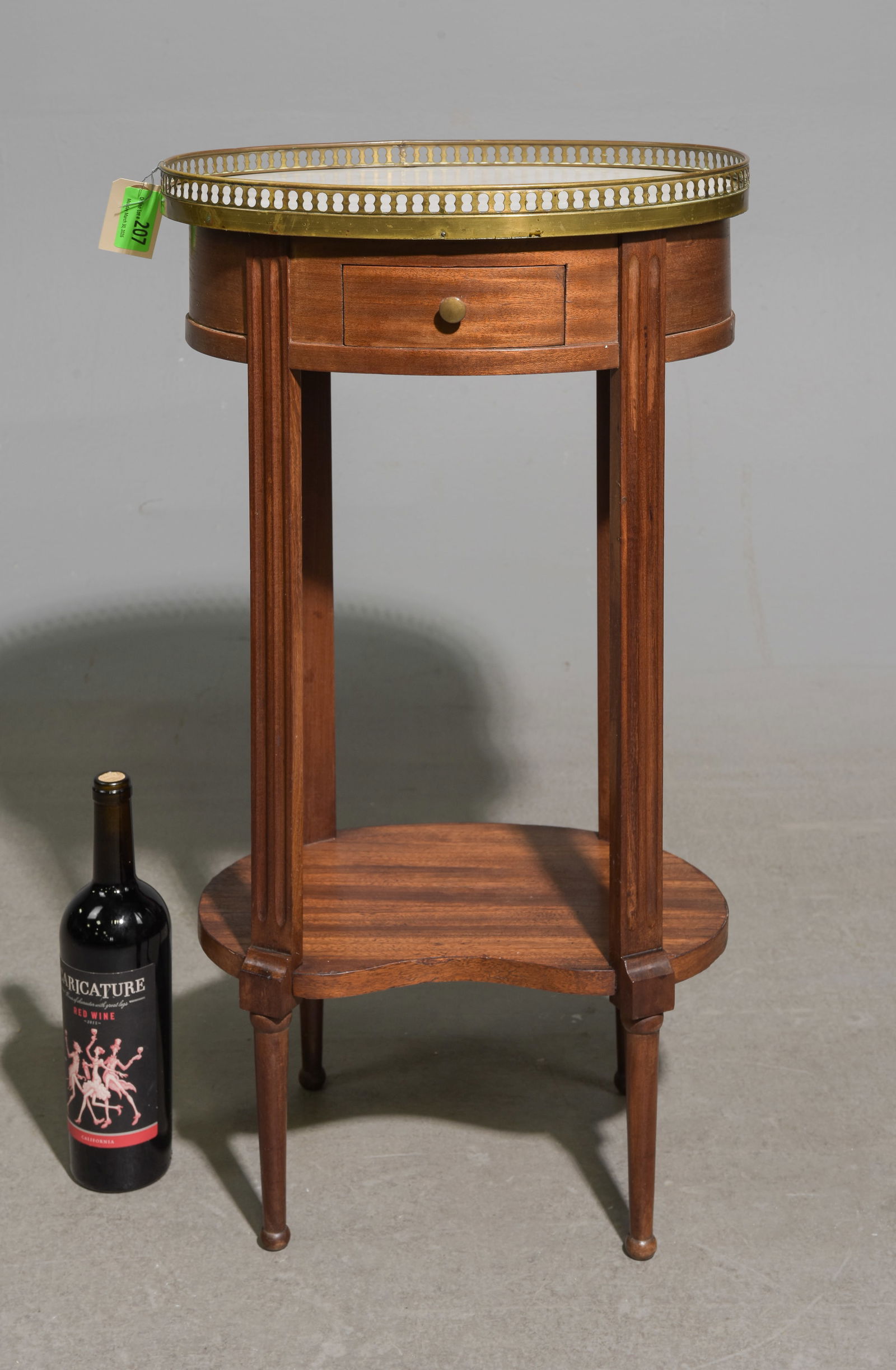 Louis XVI Style White Marble Top Oval Nightstand: French Louis XVI Style White Marble Top Oval Nightstand / Occasional Table with Brass Gallery - 30 in tall x 16.5 x 12