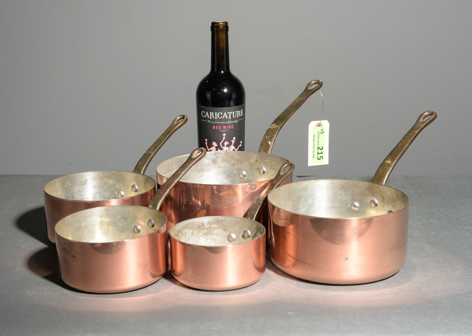 French Set of 5 French Copper Sauce Pans #2: French Set of 5 French Graduated Copper Sauce Pans - Largest is 7.75 in tall x 15.75 x 8 - These are marked