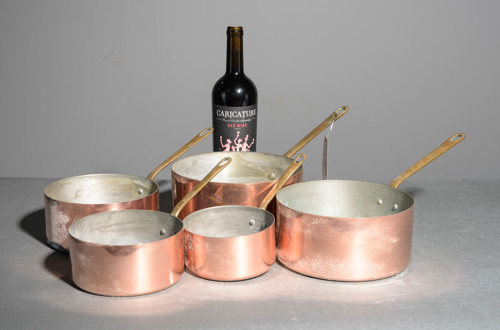 French Set of 5 French Copper Sauce Pans #3: French Set of 5 French Graduated Copper Sauce Pans - Largest is 6.5 in tall x 15 x 8