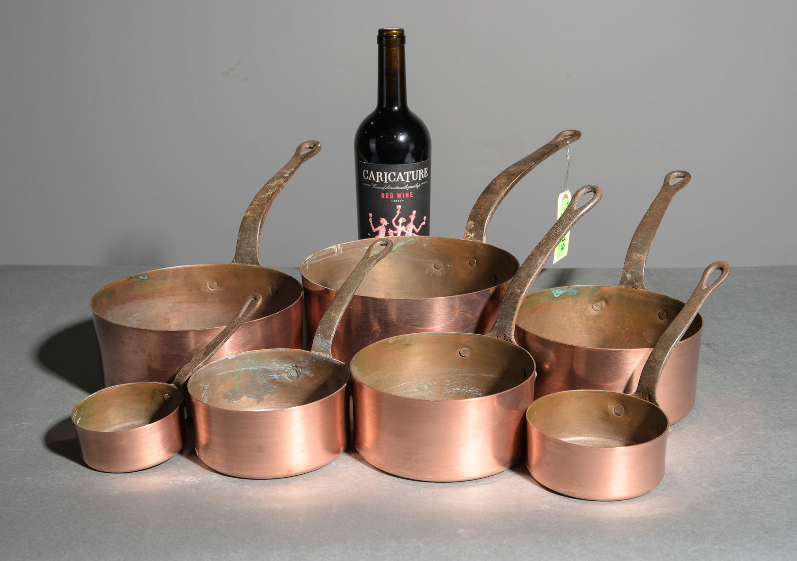 French Set of 7 French Copper Sauce Pans: French Set of 7 French Graduated Copper Sauce Pans - Largest is 7.25 in tall x 16.25 x 8