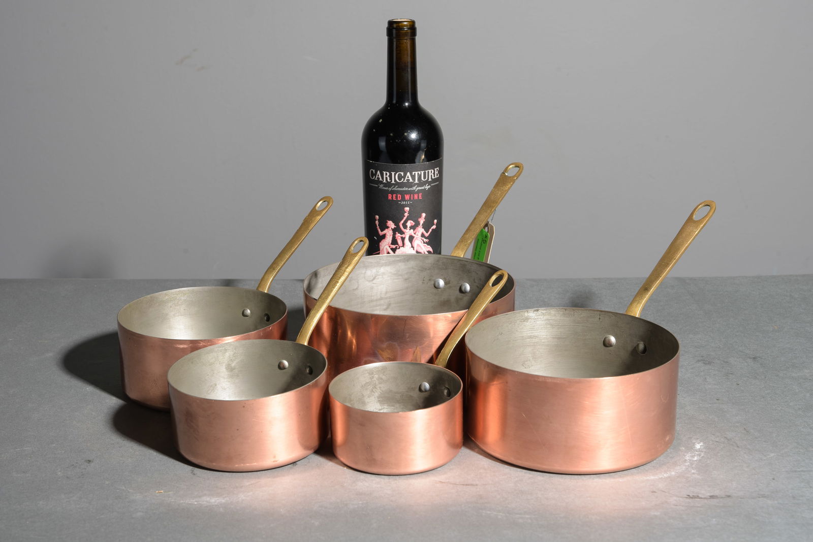French Set of 5 French Copper Sauce Pans #4: French Set of 5 French Graduated Copper Sauce Pans - Largest is 5.75 in tall x 13.75 x 7.25