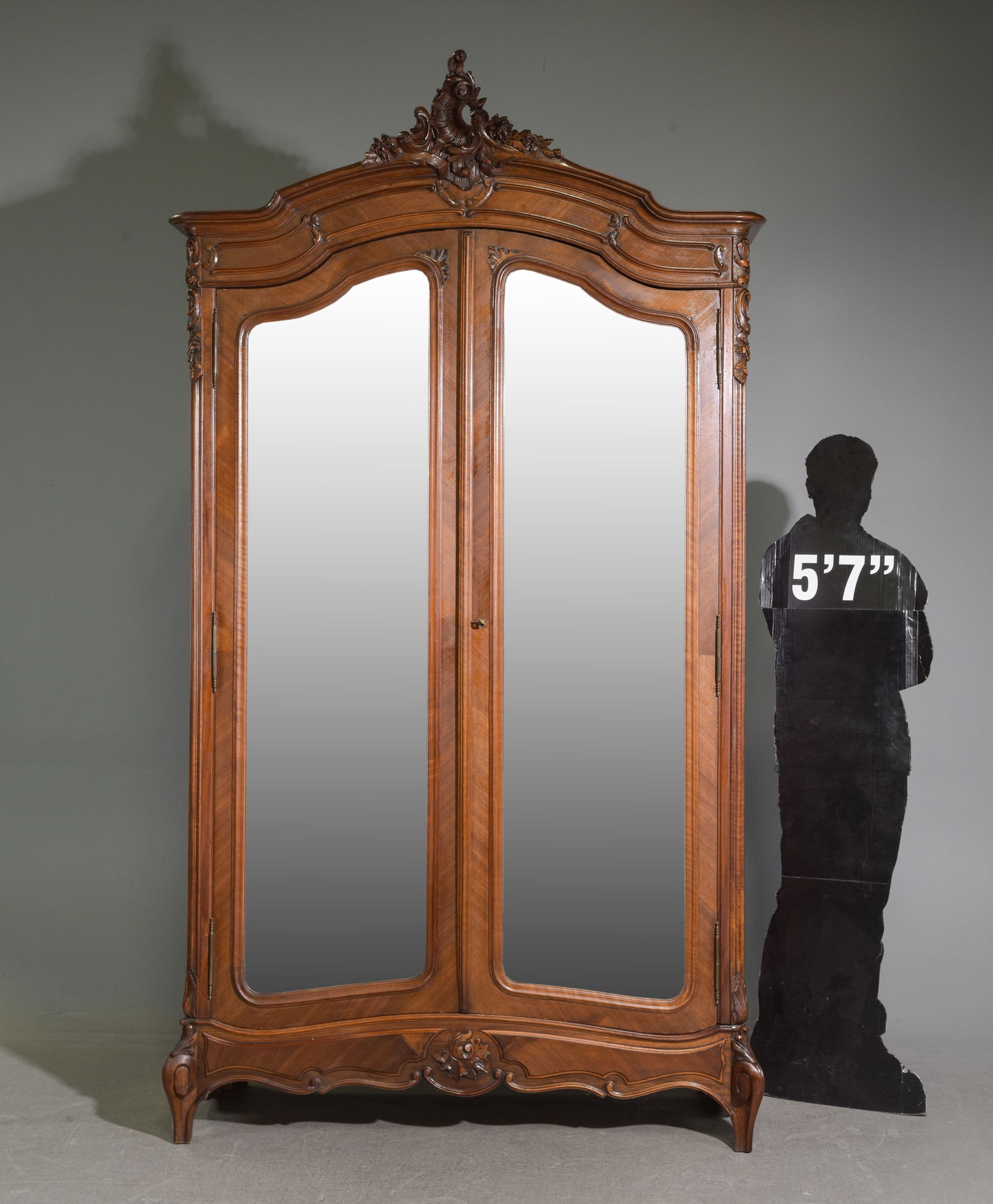 Louis XV Style Double Mirror Door Armoire: French Louis XV Style Double Mirror Door Walnut Armoire - 100 in tall x 55 x 23 - This is 8.3 feet tall