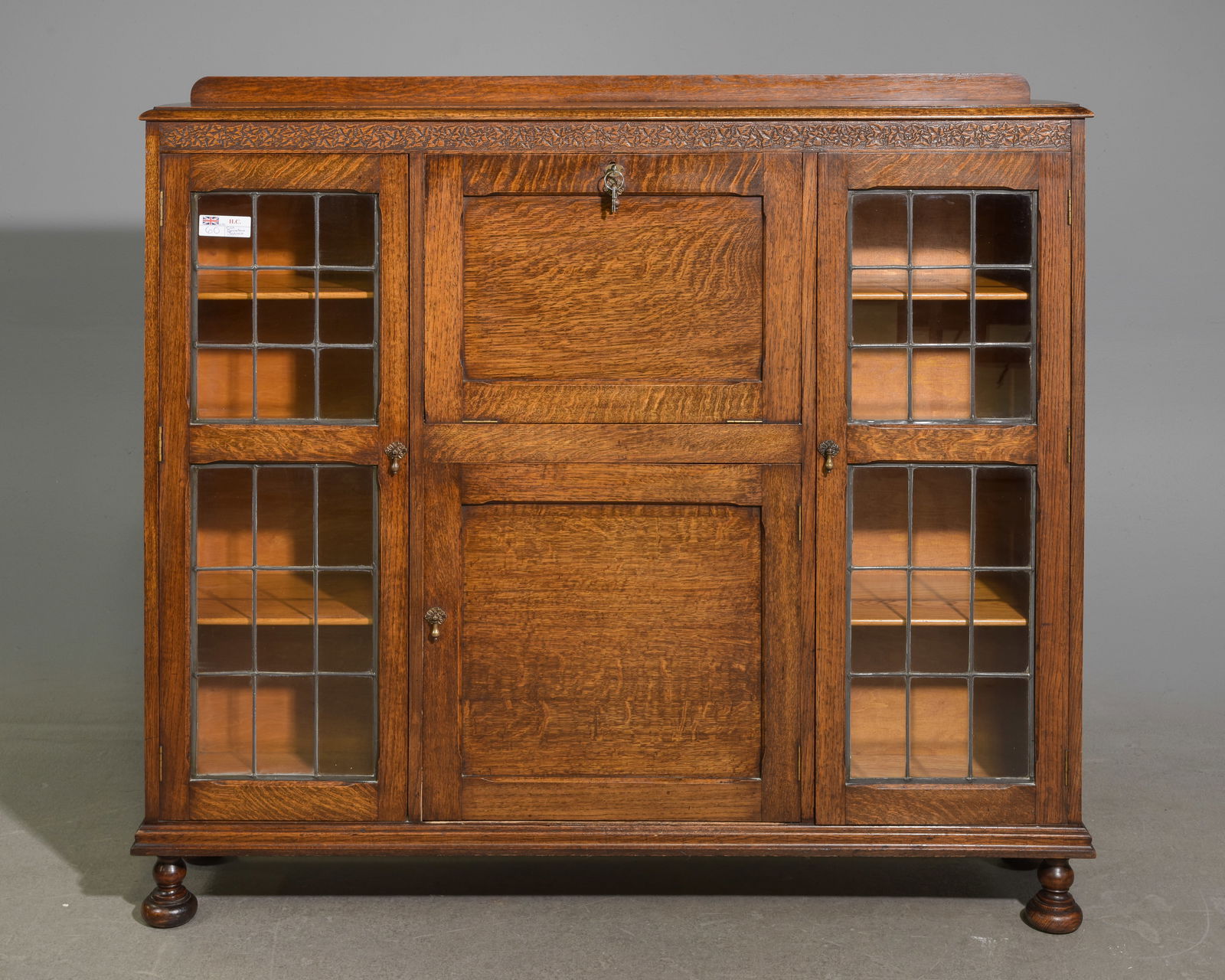 British Oak Leaded Glass Secretaire Bookcase (1 of 7)