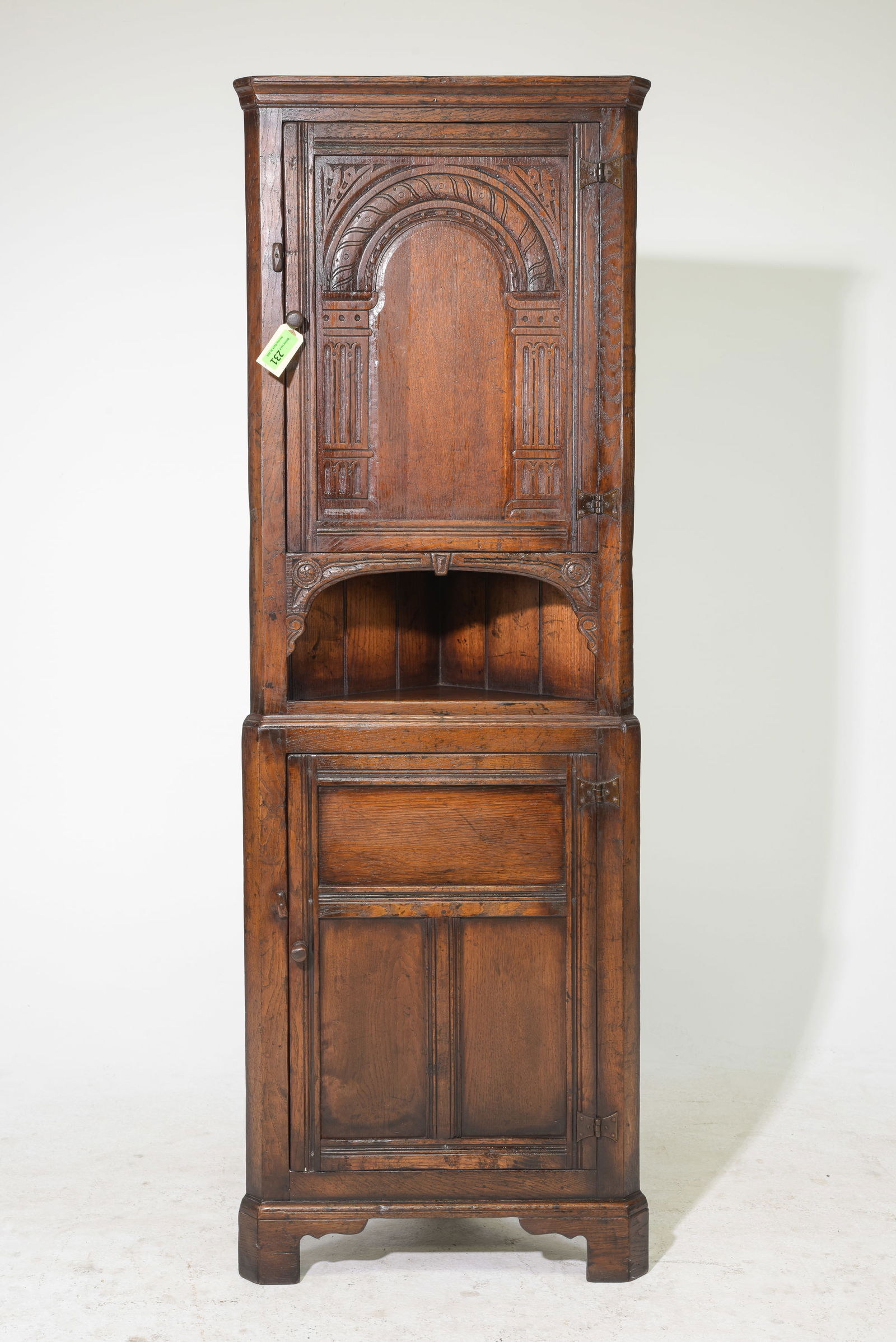 British Carved Oak Corner Cabinet / Cupboard: British Carved Oak Corner Cabinet / Cupboard c.1930's - 71 in tall x 24 x 14