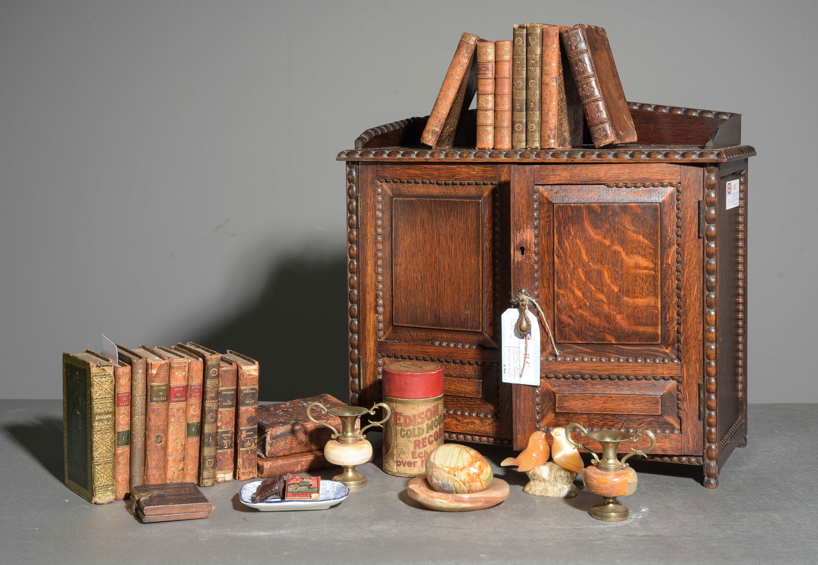 British Oak Smokers Box with Antique Books, Etc.: British Oak Smokers Box with Antique Miniature Books, Etc. - The box is 16.25 in tall x 17.25 x 7.75