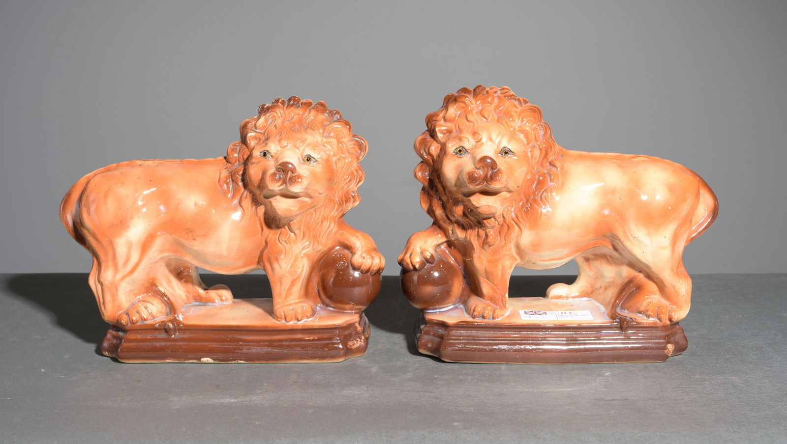 Staffordshire Pair of Lions with Glass Eyes: Staffordshire Pair of Lions with Glass Eyes - 11.25 in tall x 13 x 5.5 each