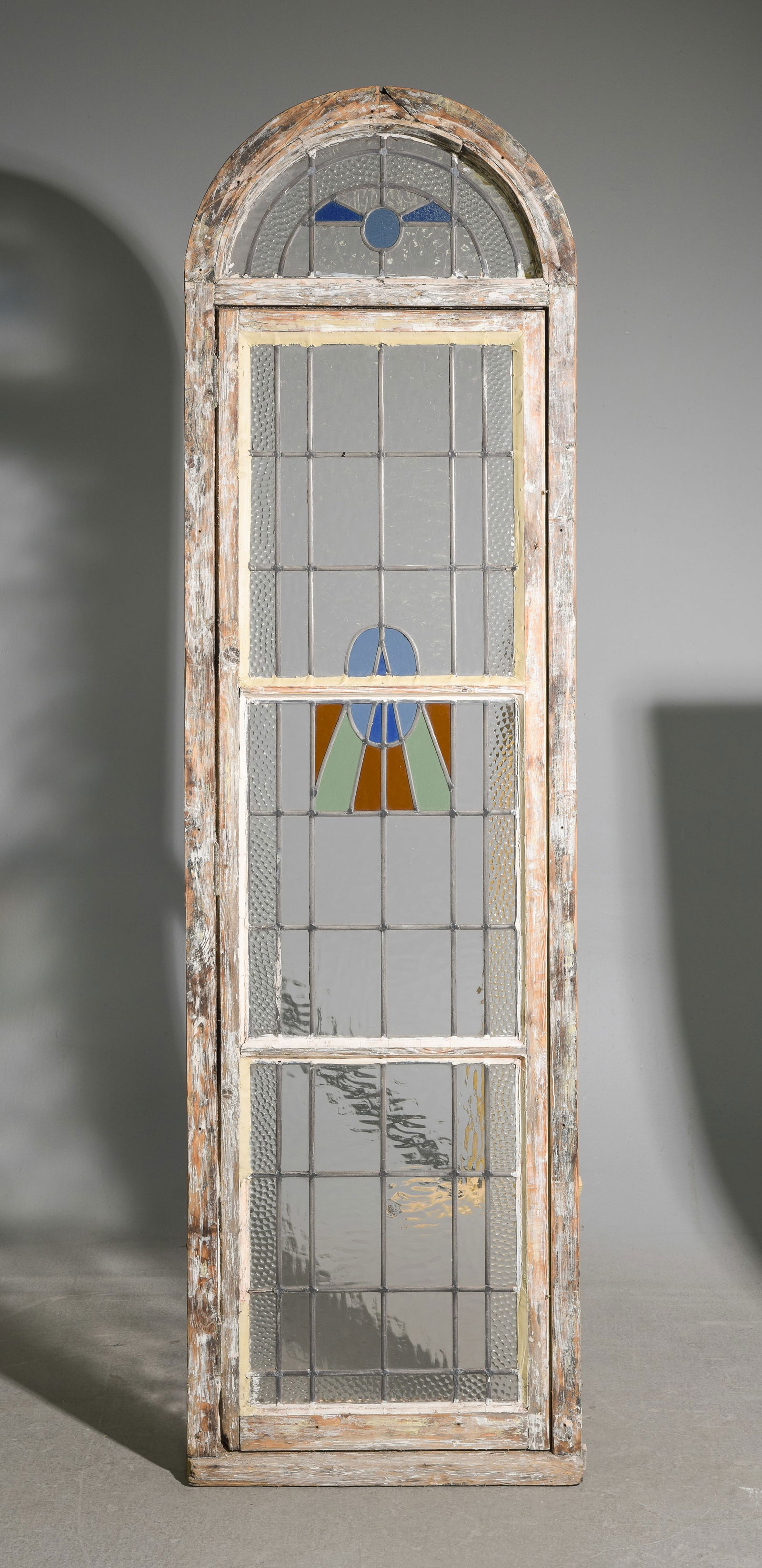 British Large Stained Glass Arch Top Window: British Large Stained Glass Arch Top Window - 84 in tall x 24 x 4