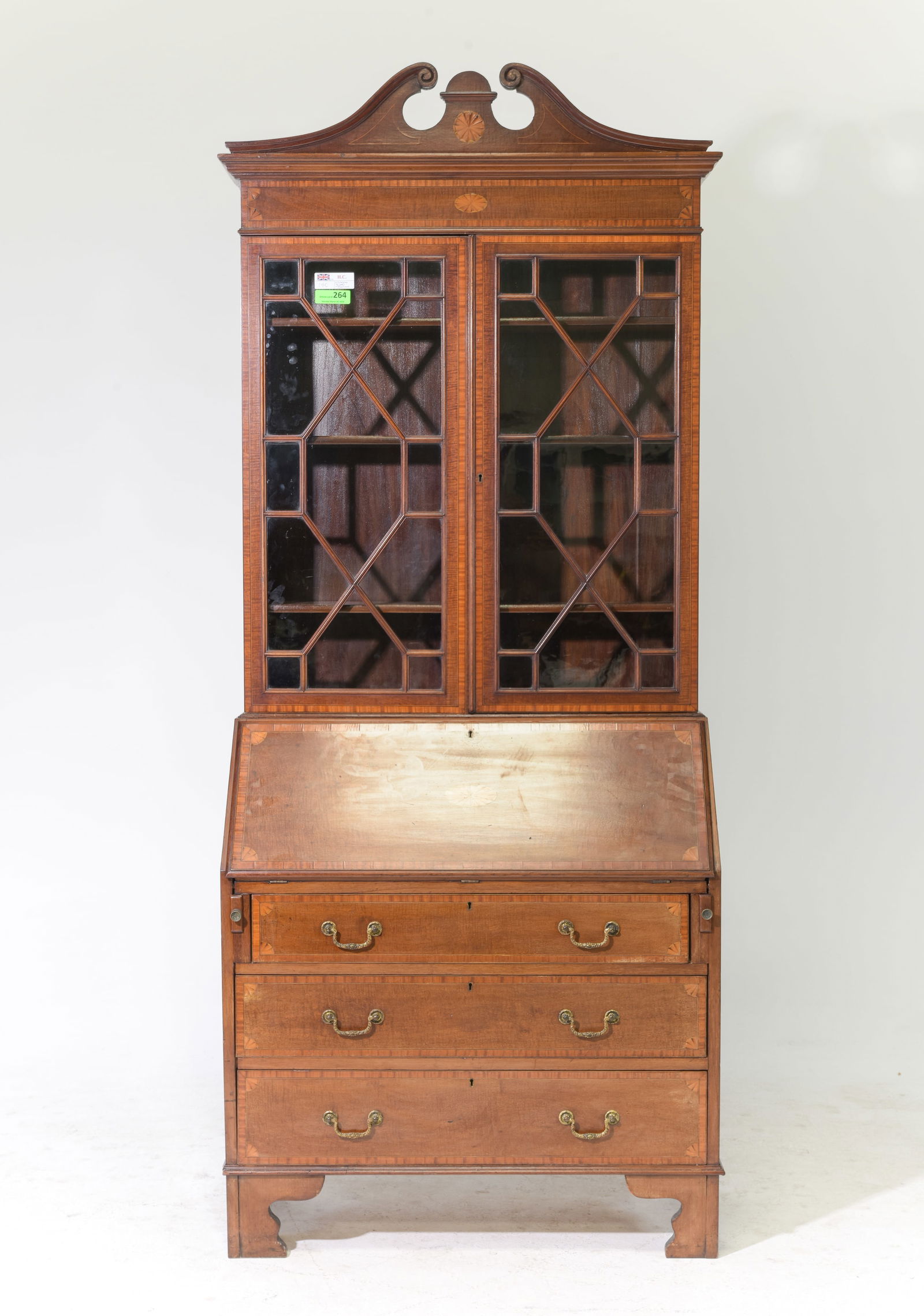 Edwardian Mahogany Marquetry Inlaid Secretary Bookcase: Edwardian Mahogany Marquetry Inlaid Secretary Bookcase c.1920's-30's - 87.5 in tall x 36 x 17.5