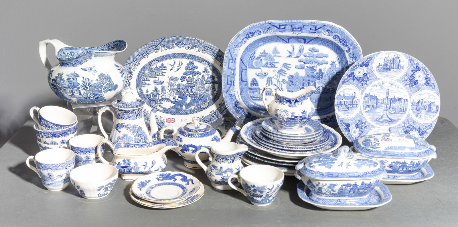 36pcs Assorted Blue & White China: 36pcs Assorted Blue & White China - Some is marked Maling, some Burleigh ware - Largest platter is 2 in tall x 14 x 11