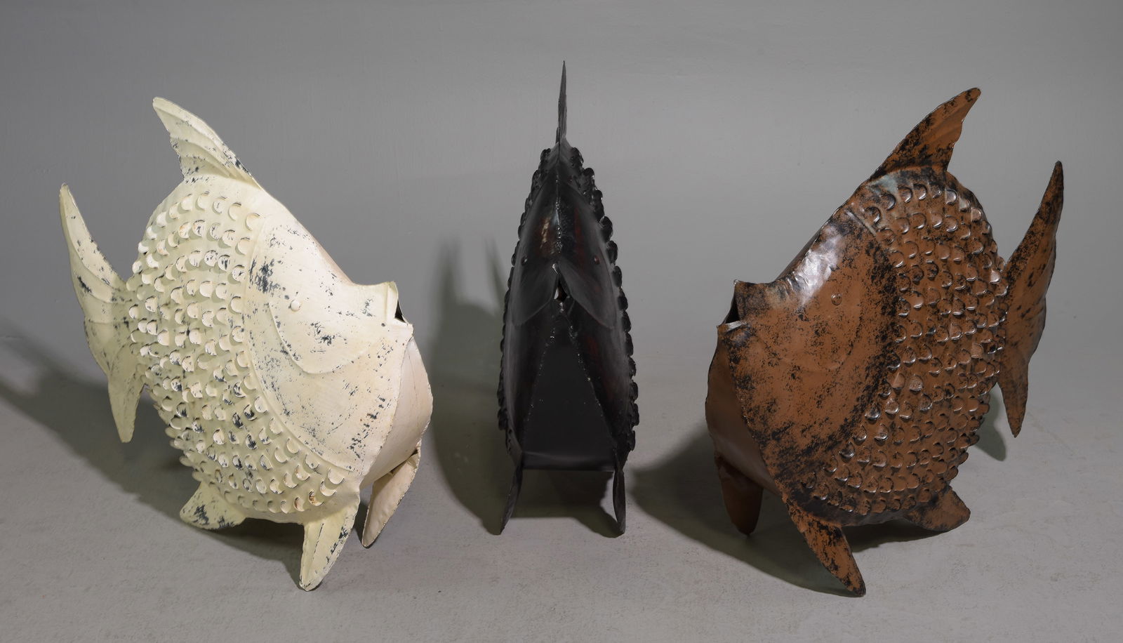 Three Assorted Large Metal Decorative Fish: Three Assorted Large Metal Decorative Fish - 30 in tall x 31 x 7 each