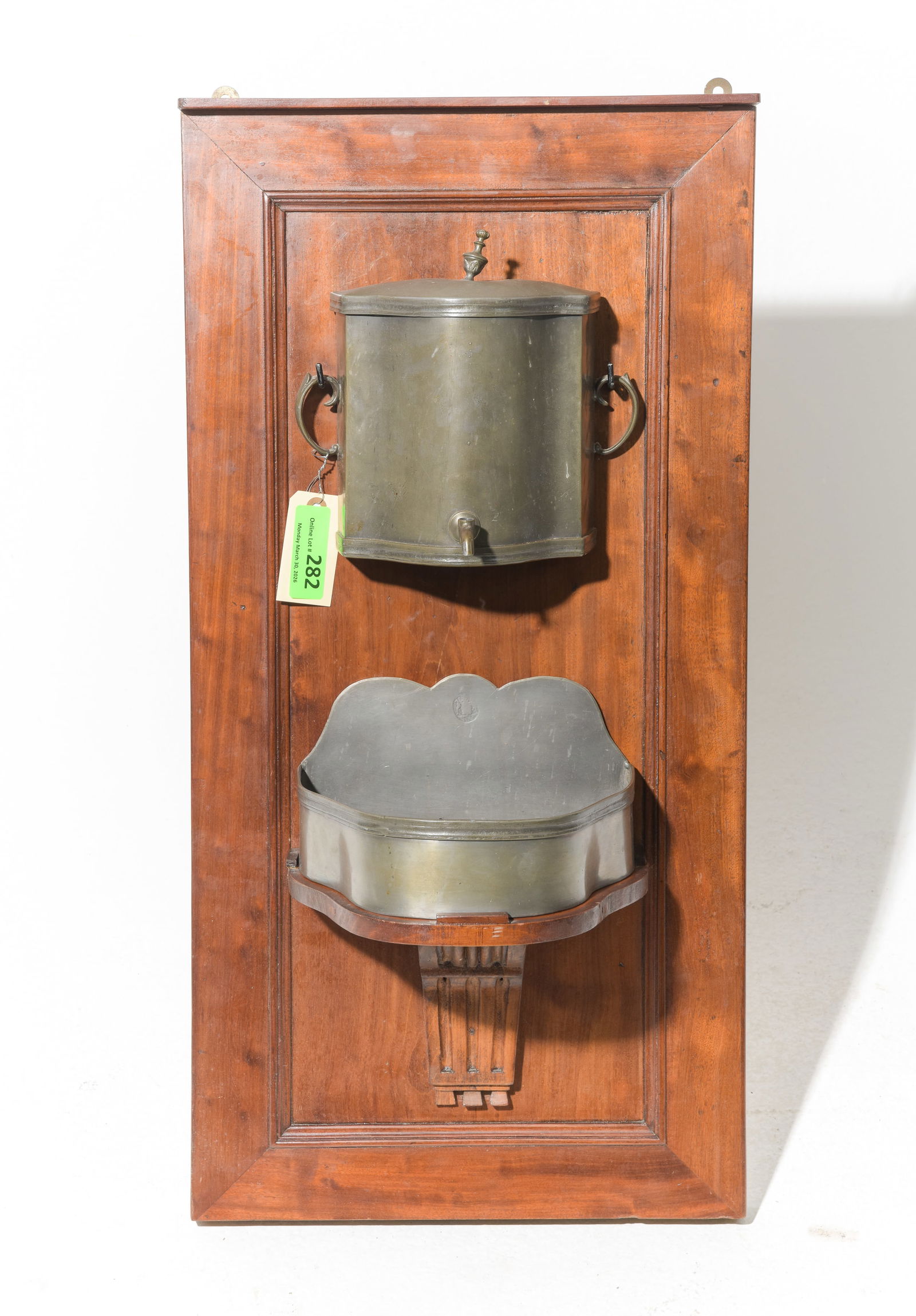 French Pewter Lavabo / Water Font: French Pewter Lavabo / Water Font on Cherry Wood Board - 32.5 in tall x 16 x 9