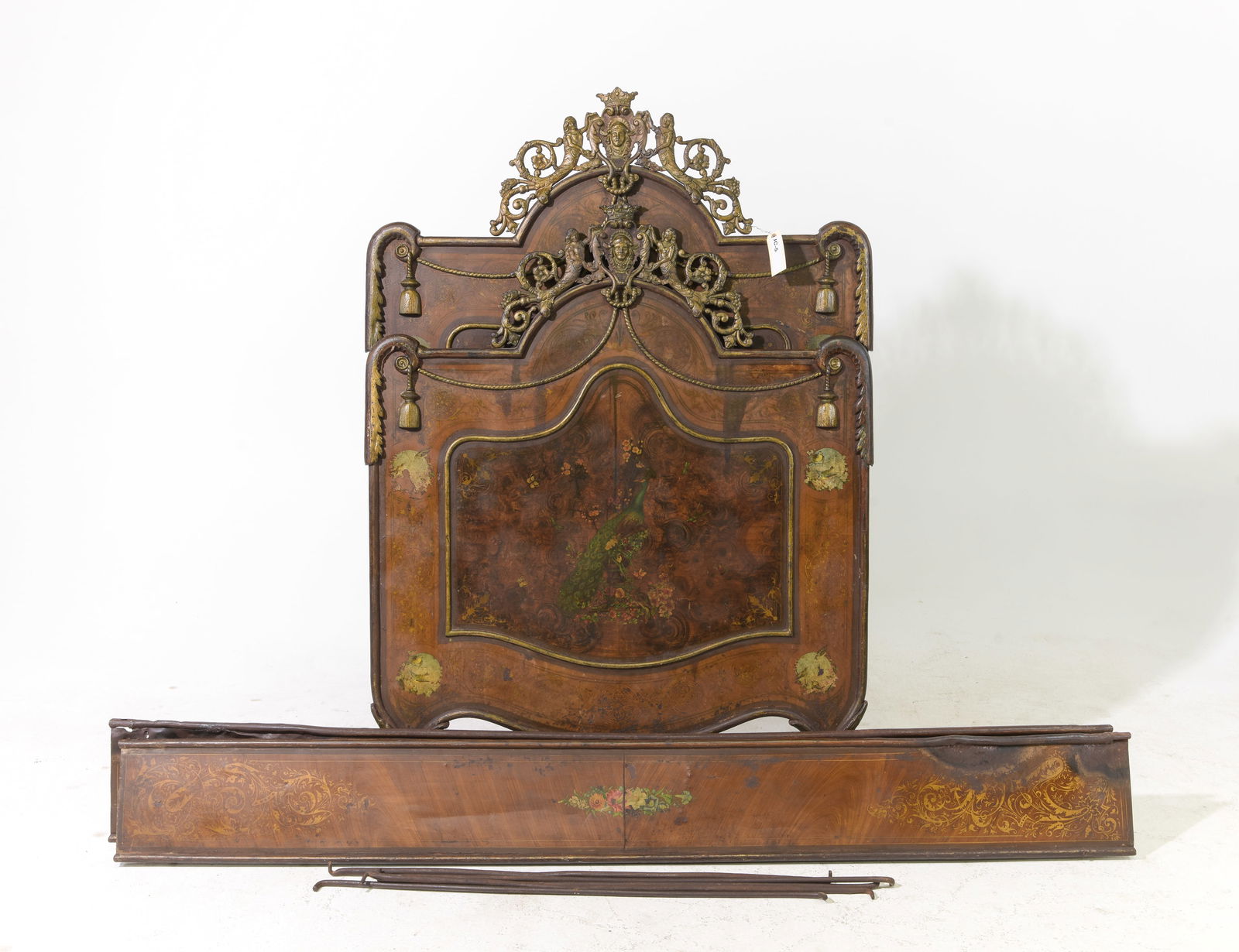 Italian Hand Painted Iron / Metal Bed with Rails: Italian Hand Painted Iron / Metal Bed with Rails - Headboard is 56 in tall x 37.5 x 2, Rails are 74 inches long each - This bed is a European size which can usually be converted to an American size