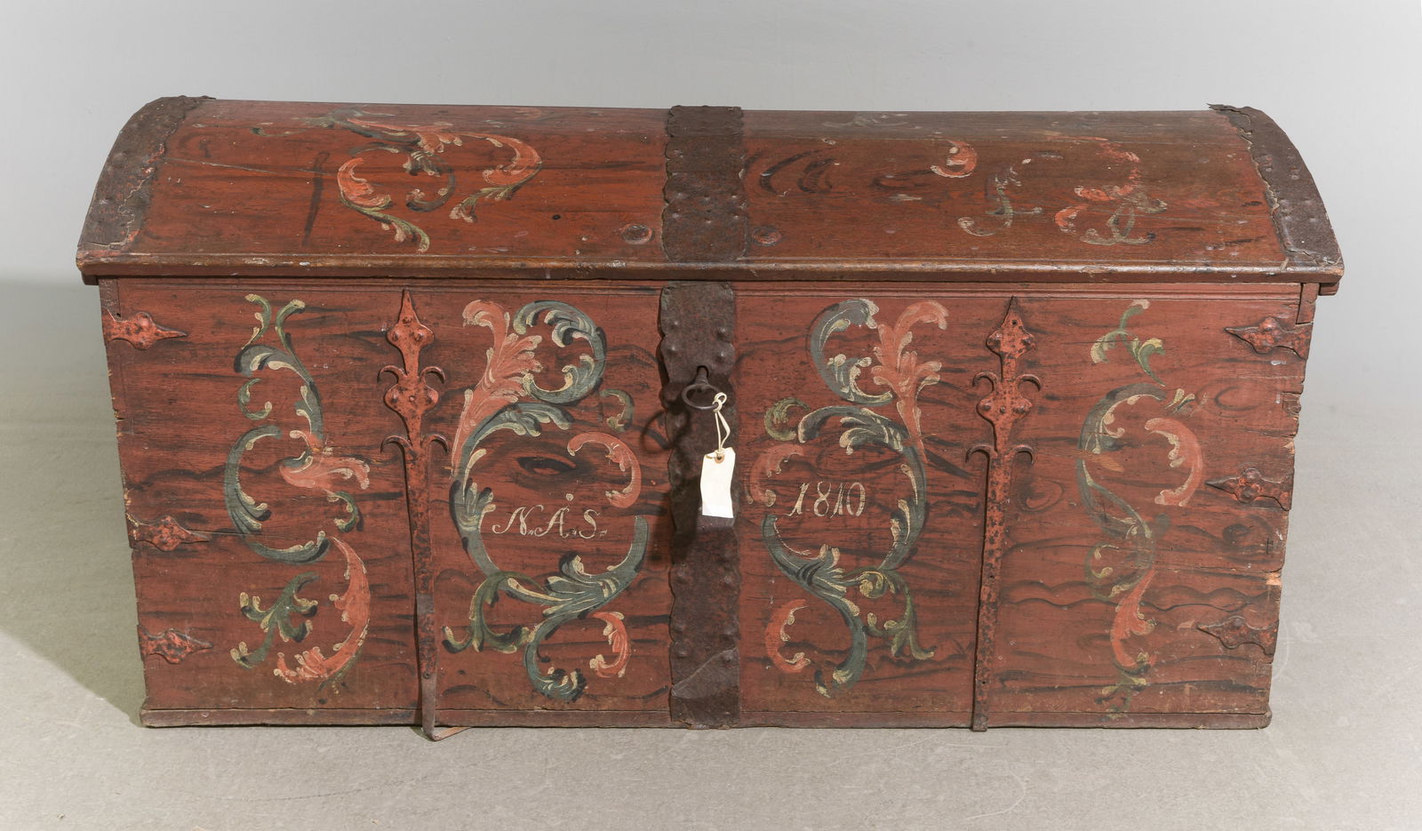 Danish Antique Hand Painted Dome Top Trunk: Danish Antique Hand Painted Dome Top Trunk / Blanket Chest - 34 in tall x 57 x 22
