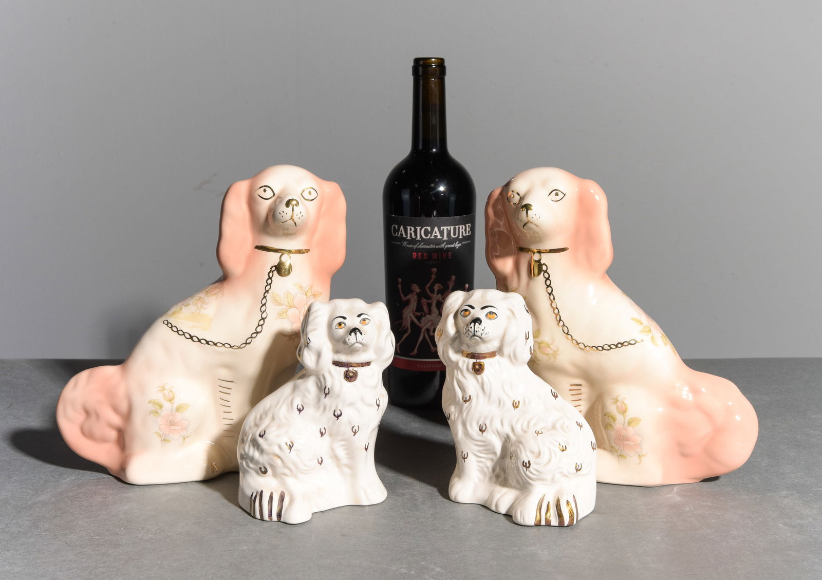 2 Pairs of King Charles Staffordshire Dogs: 2 Pairs of King Charles Staffordshire Dogs - 9 in tall x 7 x 3 and 5.25 in tall x 4 x 3