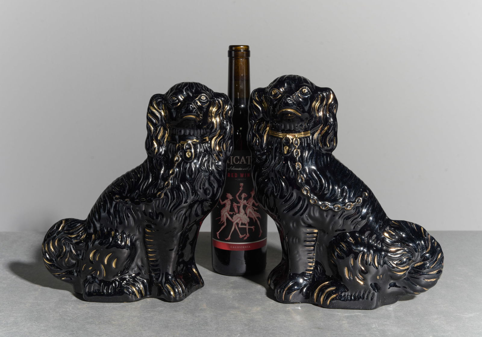 Pair of Black King Charles Staffordshire Dogs: Pair of Black King Charles Staffordshire Dogs - 10 in tall x 9 x 3 each