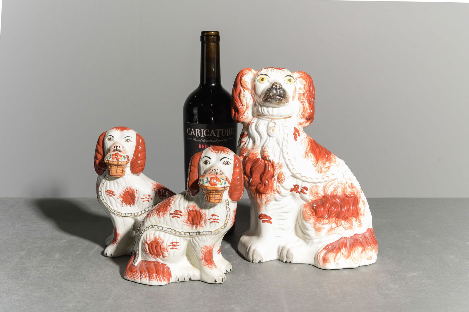 3pcs - Staffordshire Red Dog & Small Pair of Dogs: 3pcs - Staffordshire Red King Charles Dog & Small Pair of Dogs - 9.5 in tall x 7 x 4 and 6 in tall x 5 x 3.25 each