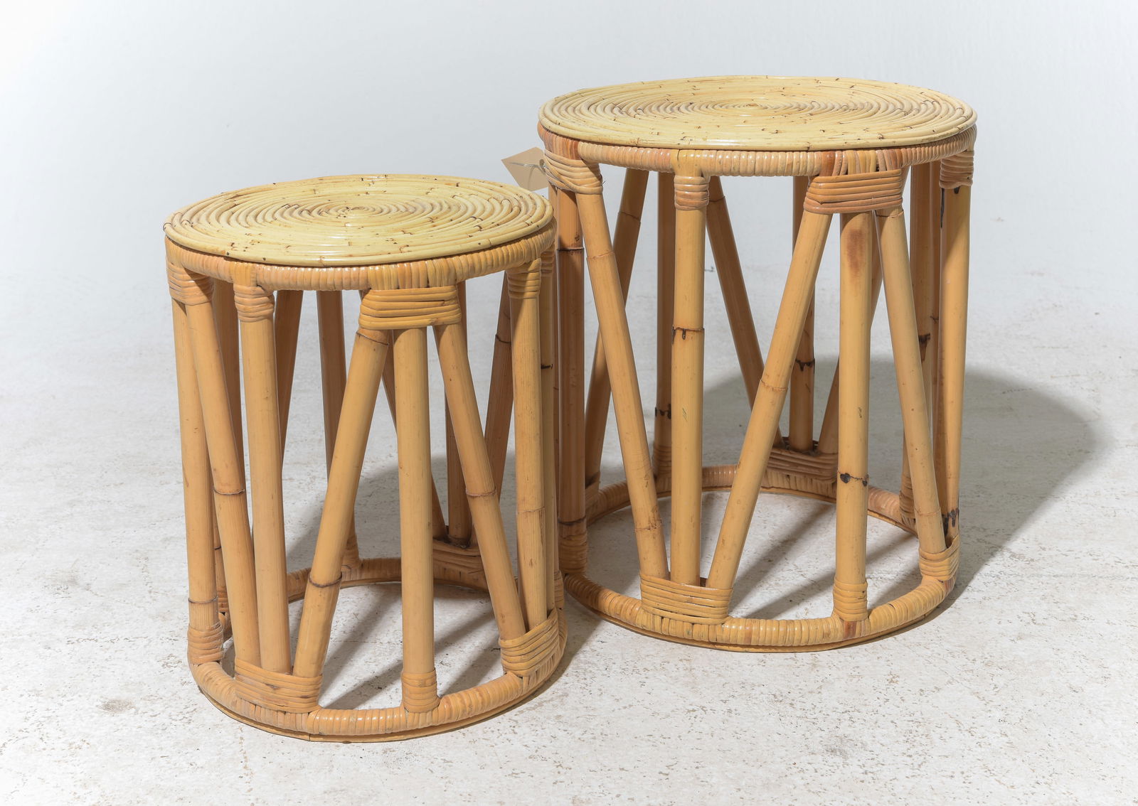 Bamboo Nest of 2 Round Tables: Bamboo Nest of 2 Round Tables - 17 in tall x 15 inch diameter and 15 in tall x 12 inch diameter