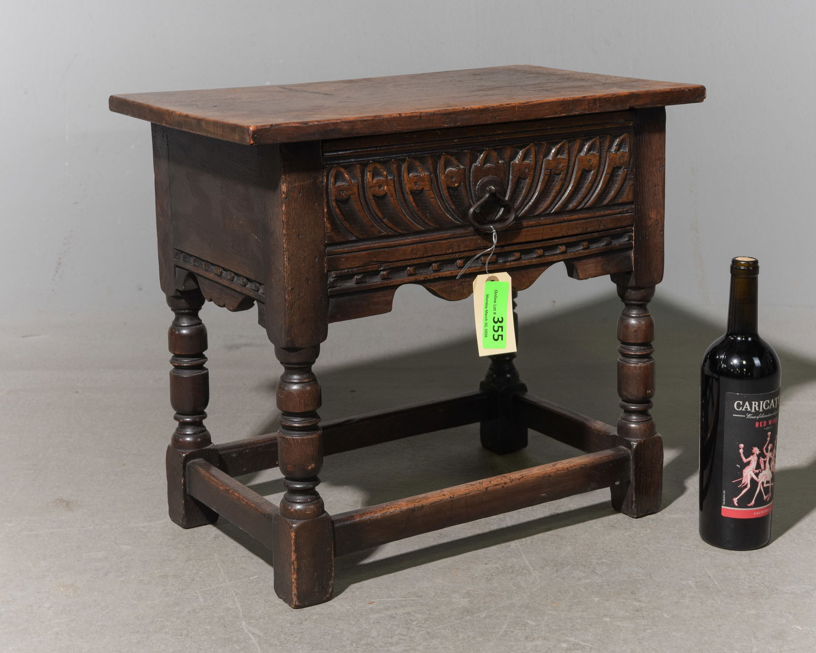 British Oak Joint Stool with Drawer c.1920's: British Oak Joint Stool with Drawer c.1920's - 18.25 in tall x 21 x 13