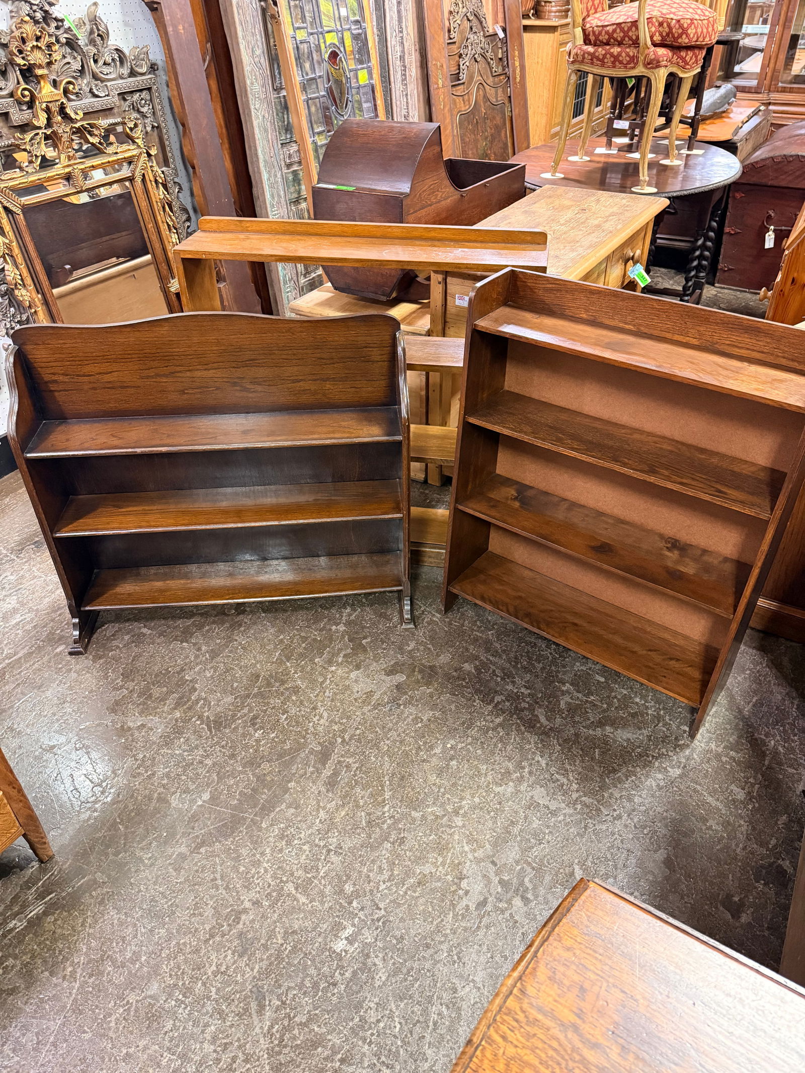 3 British Oak Bookshelves c.1930's-40's: 3 British Oak Bookshelves c.1930's-40's - 37 in tall x 36.25 x 7.5, 32 in tall x 36 x 10 and 36.25 in tall x 29 x 7.5