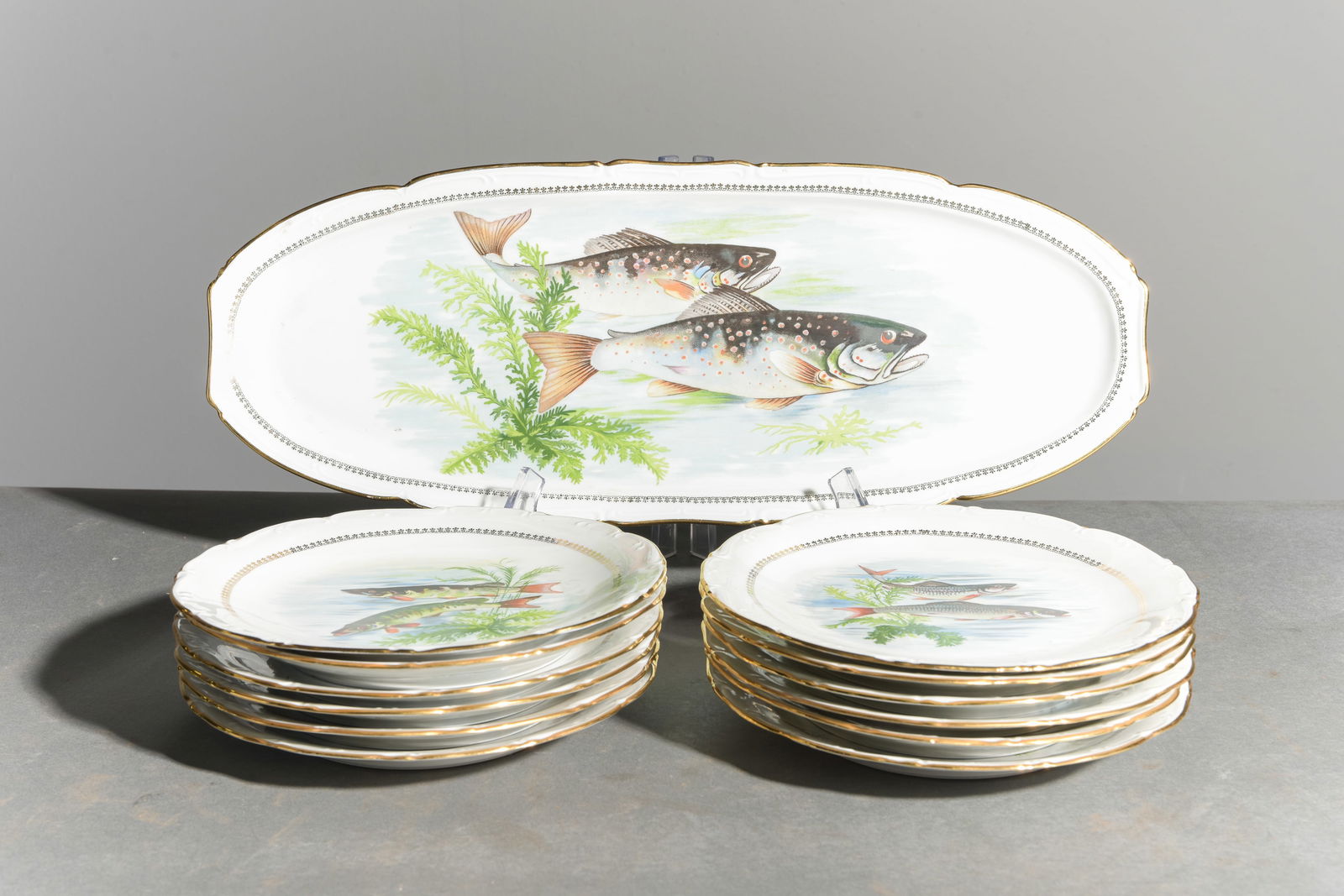 13pc French Fish Plate Set - Platter & 12 Plates: 13pc French Fish Plate Set - Platter & 12 Plates - platter is 1.5 in tall x 21.5 x 8.5, plates are 1 in tall x 9.25