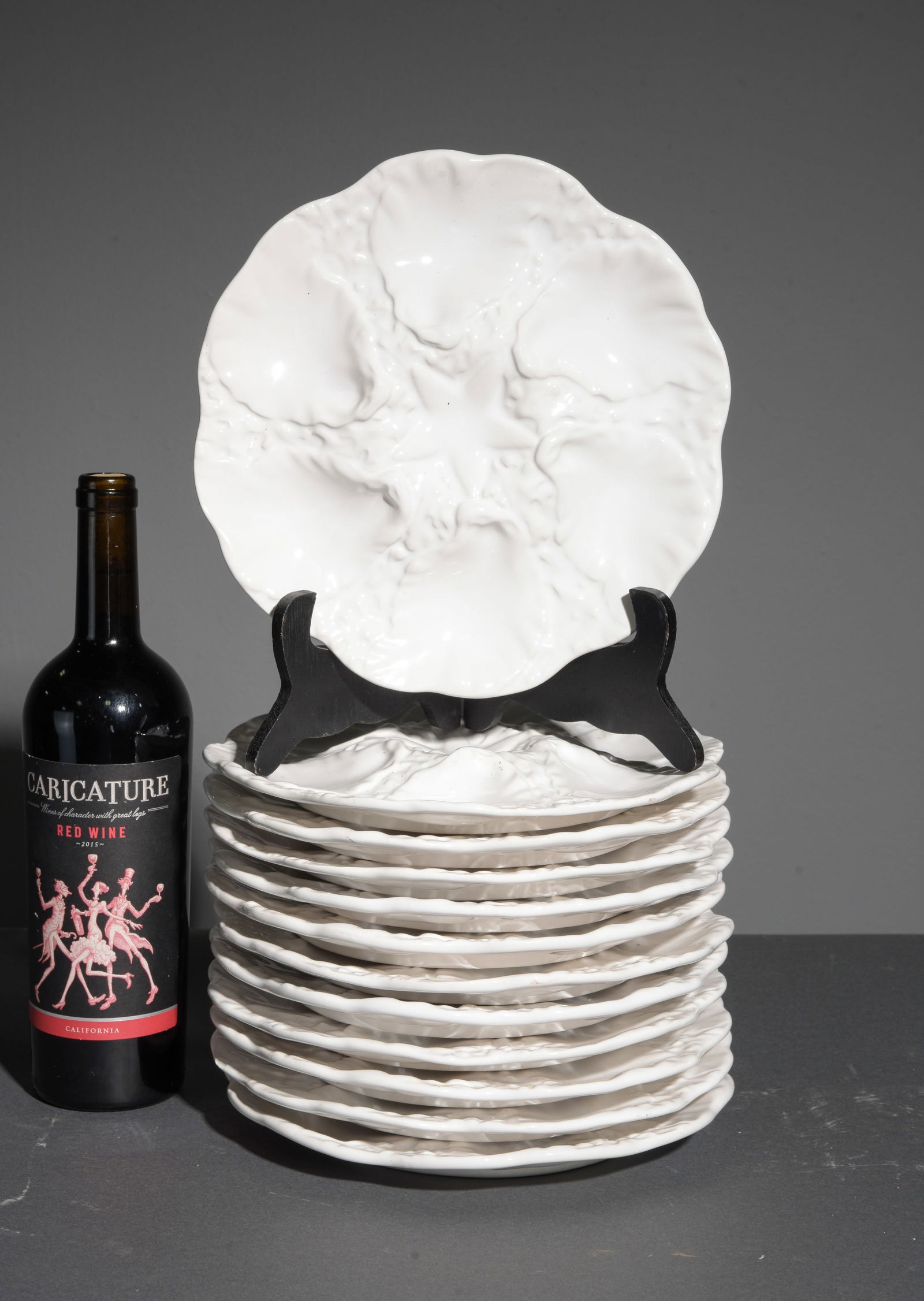 French Set of 12 White Oyster Plates: French Set of 12 White Oyster Plates - 1 in tall x 9.75 inch diameter each