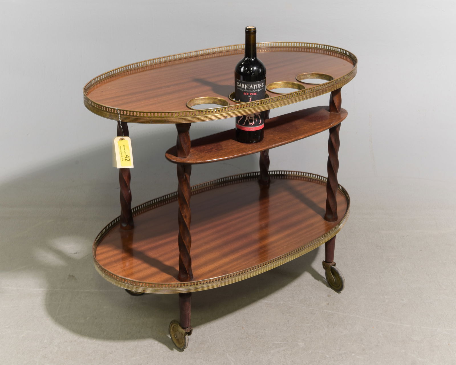 French Mahogany 2 Tier Trolley / Bar Cart: French Mahogany 2 Tier Trolley / Bar Cart with Brass Gallery - 28 in tall x 34 x 19