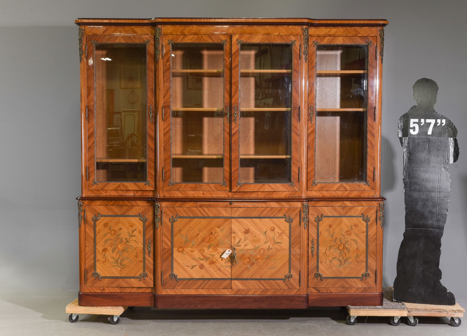 Louis XVI Style Walnut Marquetry Inlay Bookcase: French Louis XVI Style Walnut Marquetry Inlay Bookcase - 82 in tall x 90 x 22