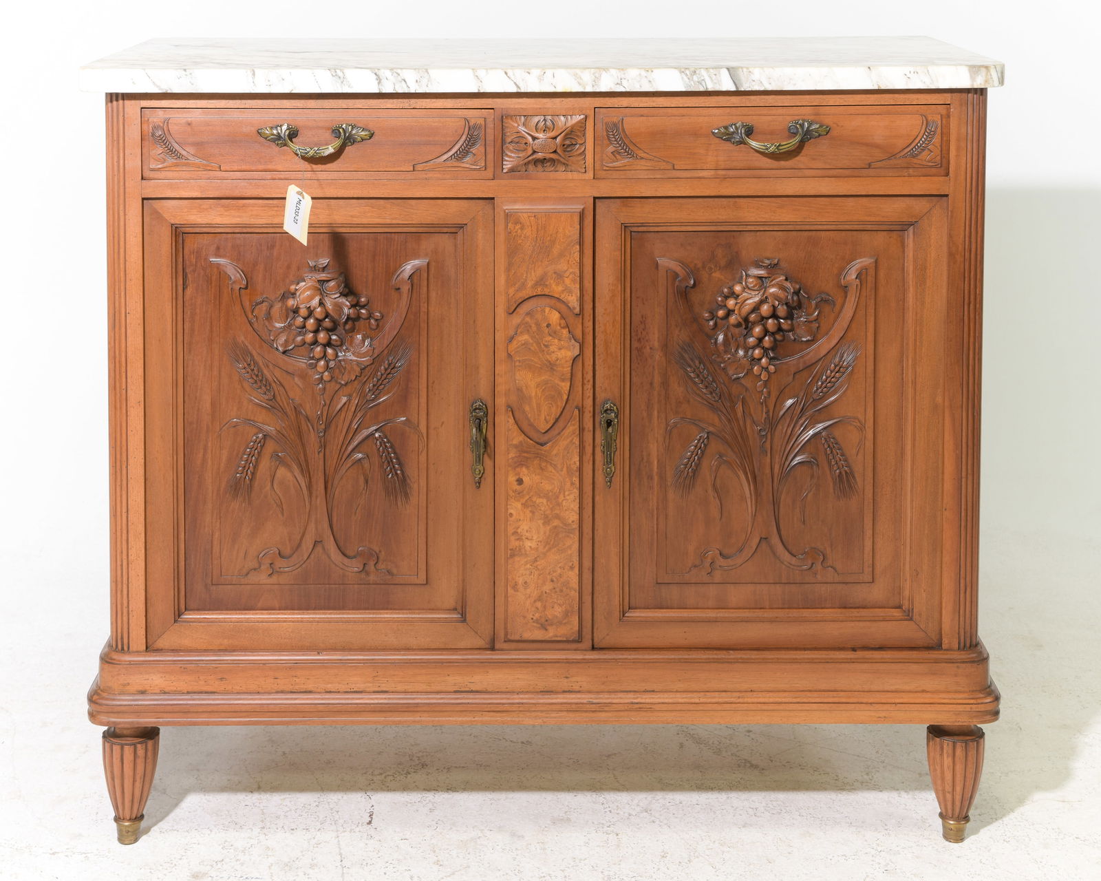 Henri II Style White Marble Top Buffet: French Henri II Style White Marble Top Oak Buffet - 41.25 in tall x 47.5 x 19.75
