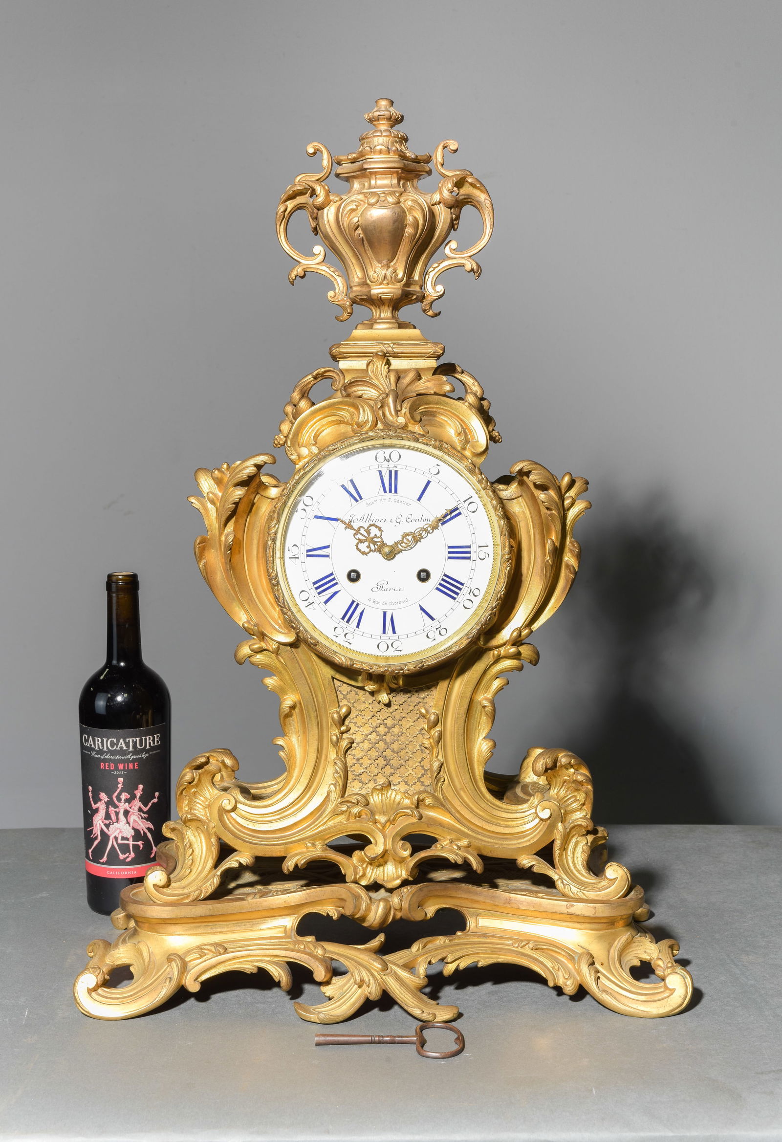 Napoleon III Style Gold Gilt Mantle Clock: French Napoleon III Style Gold Gilt Mantle Clock - 27 in tall x 19 x 10
