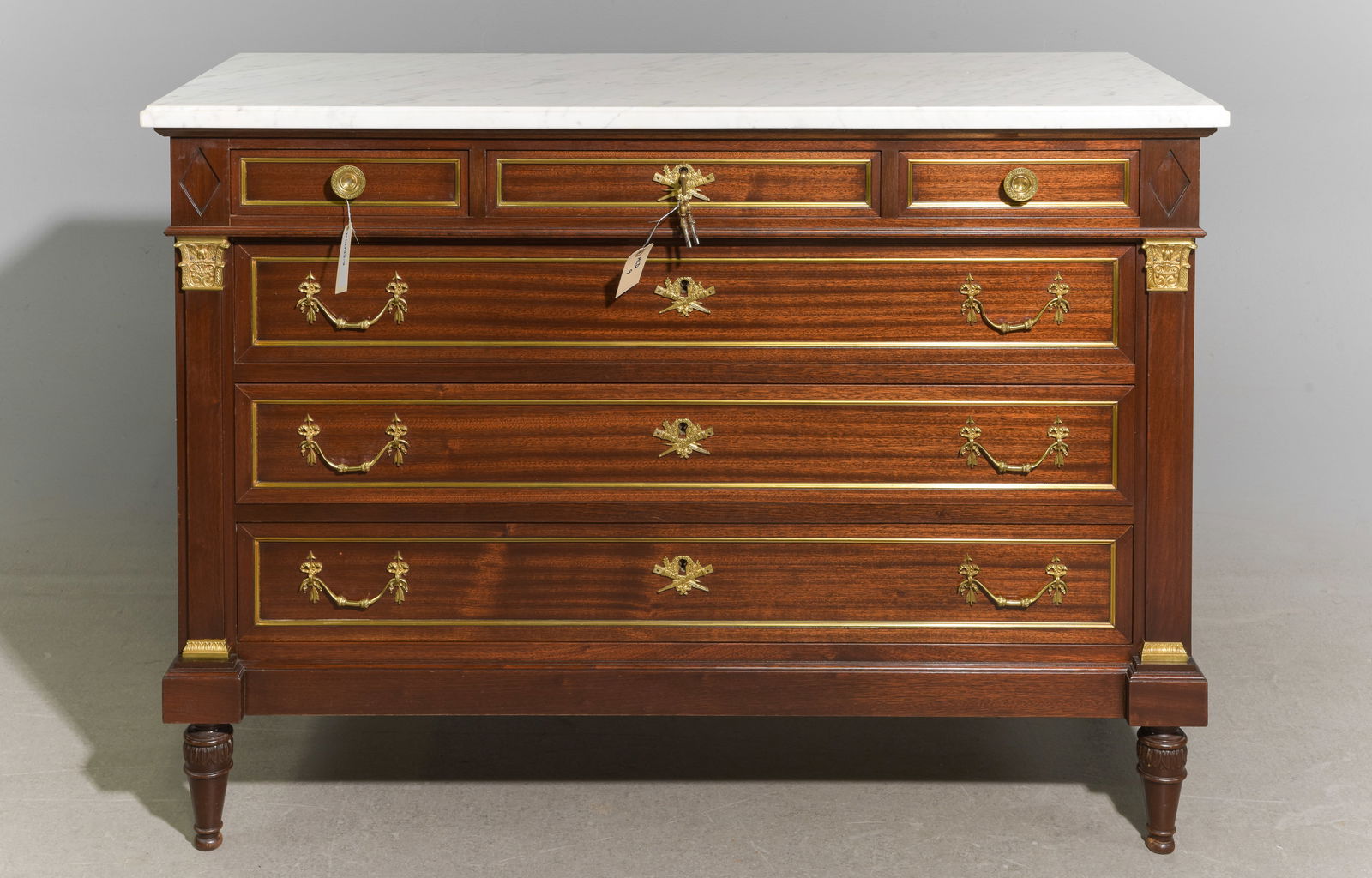 Louis XVI Style White Marble Top 6 Drawers Chest (1 of 5)