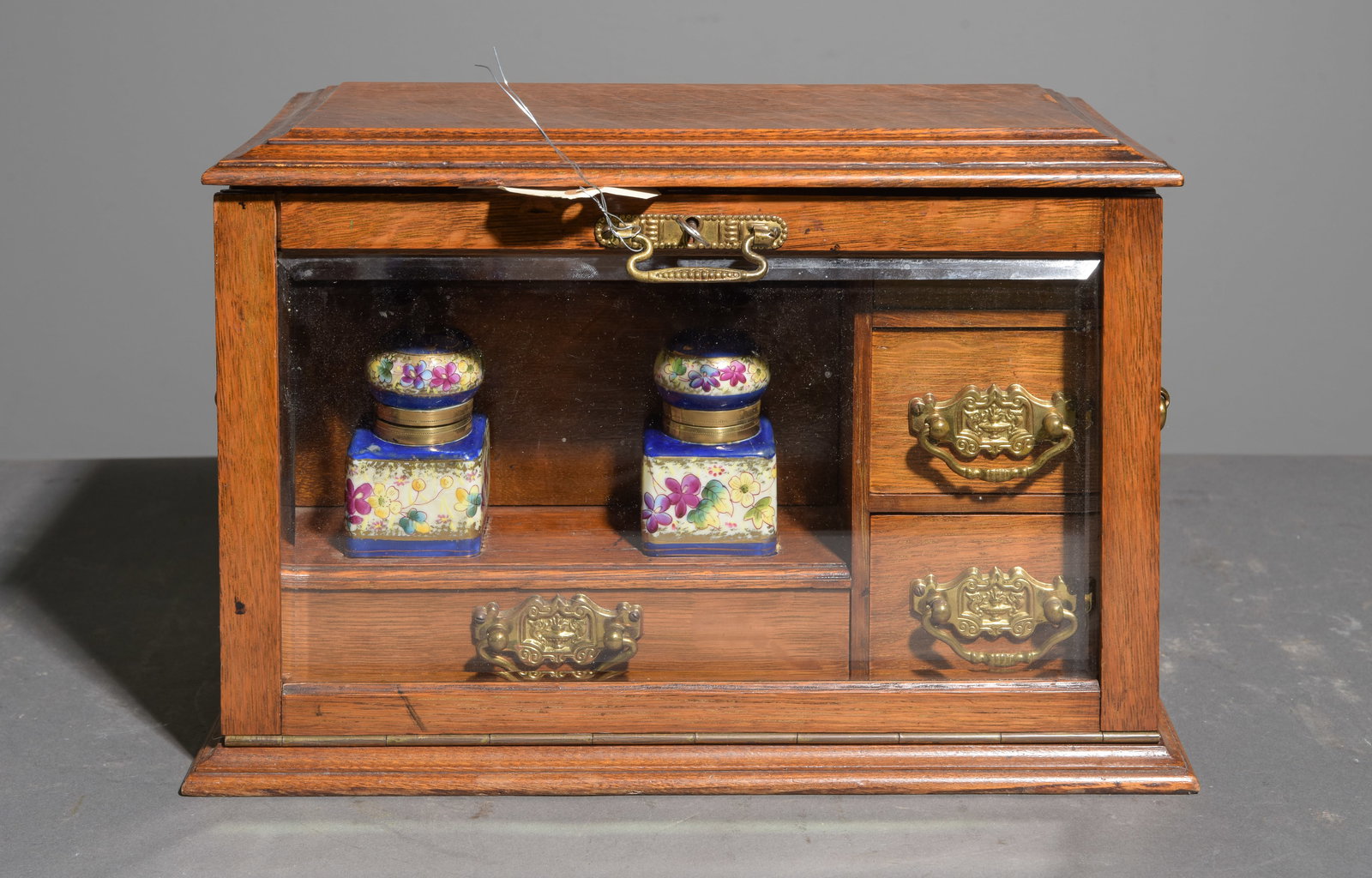 British Oak Letter Box with Porcelain Ink Wells: British Oak Letter Box with Hand Painted Porcelain Ink Wells c.1900-1920's - 10 in tall x 14.5 x 8