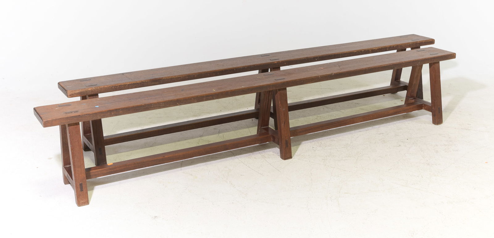 French Pair of Oak Farmhouse Benches: French Pair of Oak Farmhouse Benches - 16 in tall x 91 x 11